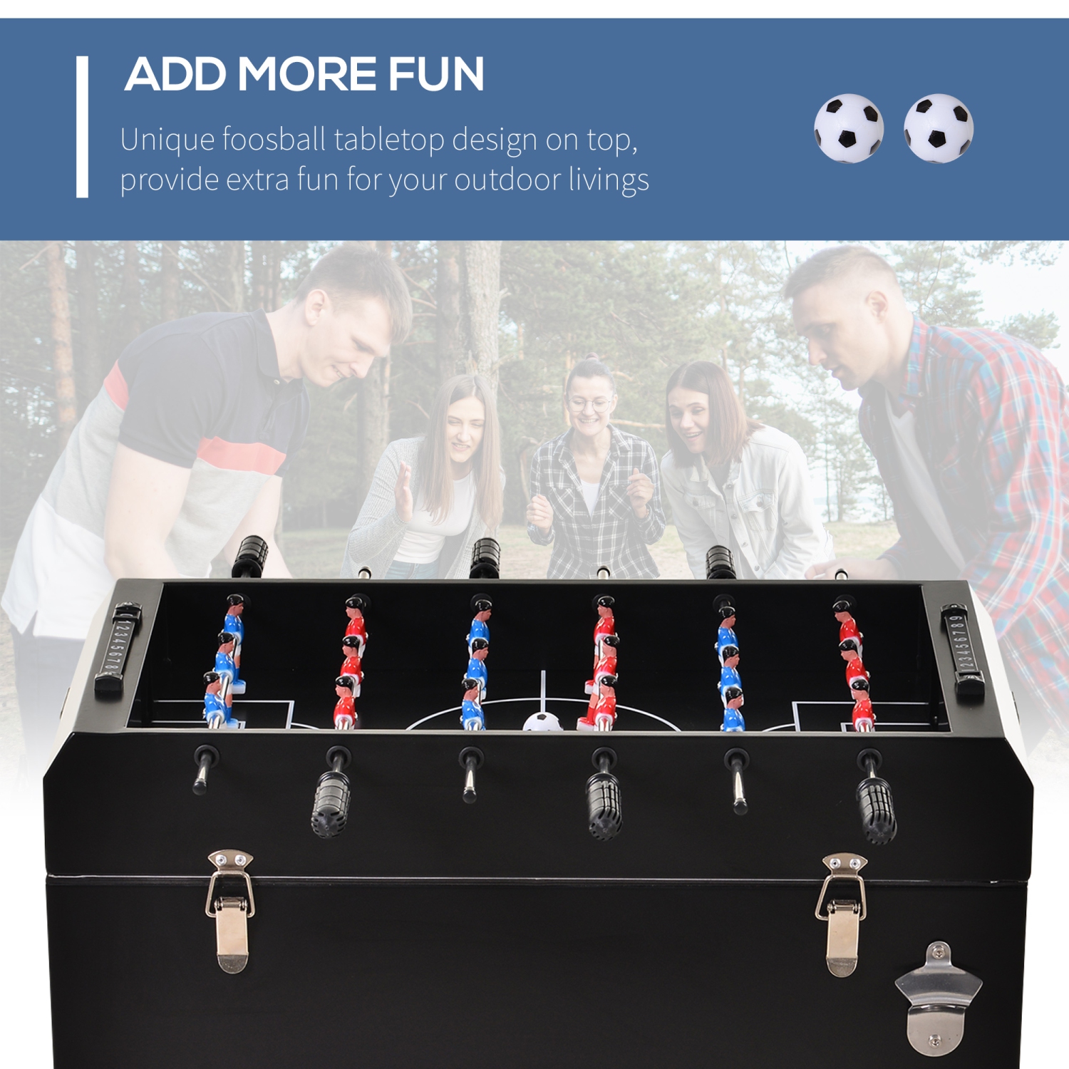Outsunny 68QT Patio Cooler Ice Chest with Foosball Table Top, Portable Poolside Party Bar Cold Drink Rolling Cart on Wheels with Tray Shelf Black