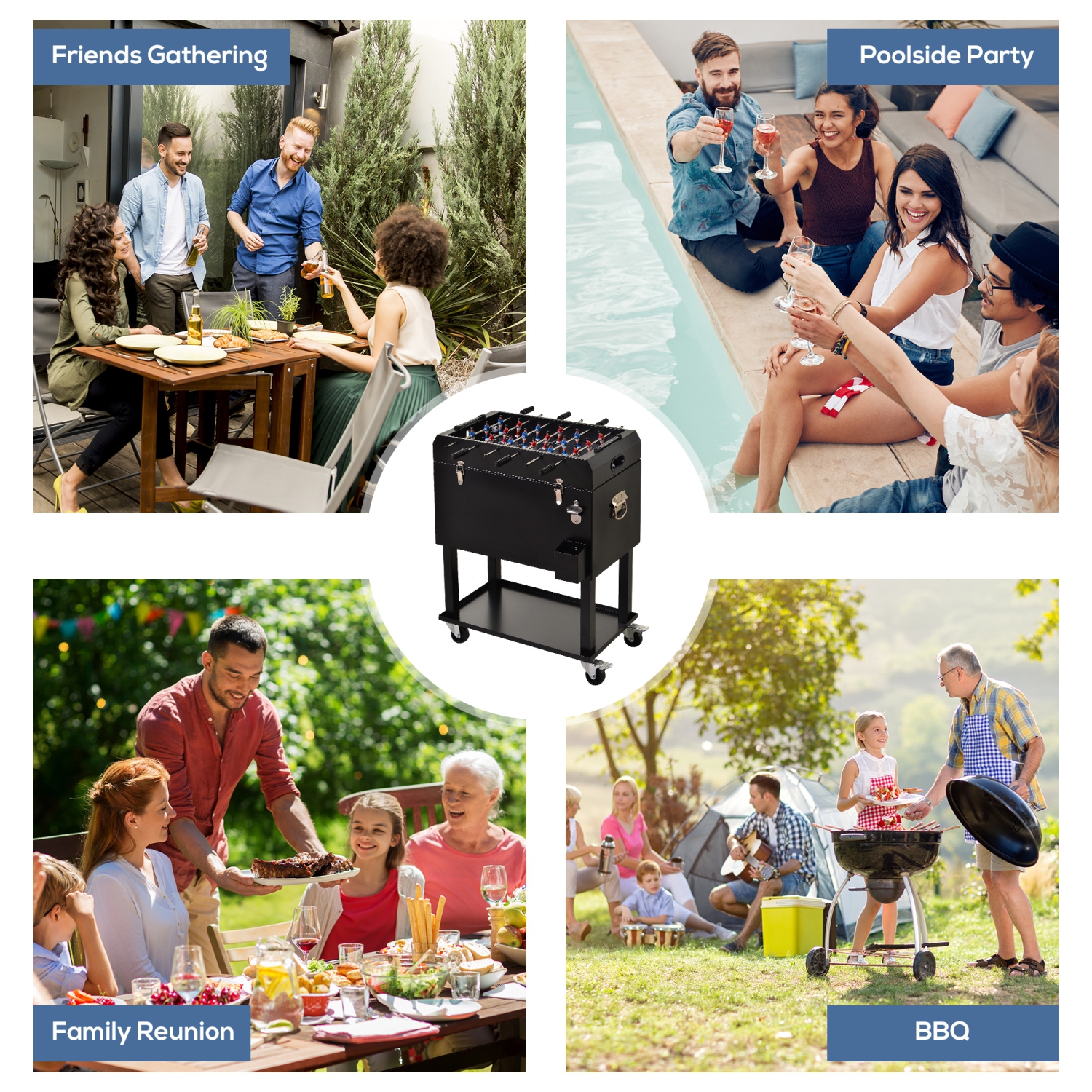Outsunny 68QT Patio Cooler Ice Chest with Foosball Table Top, Portable Poolside Party Bar Cold Drink Rolling Cart on Wheels with Tray Shelf Black