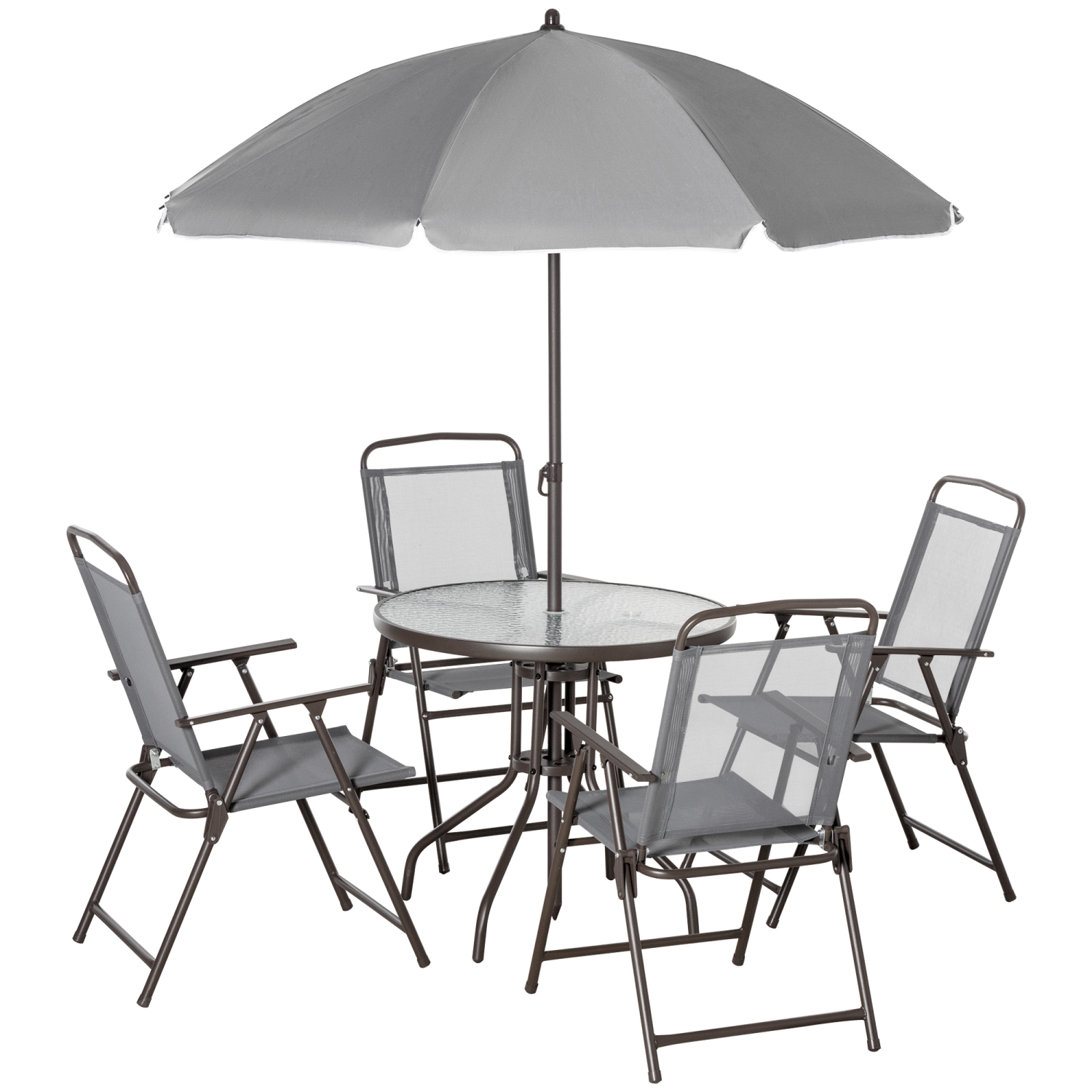 Ensemble patio de 6 pièces avec parasol, ensemble de meubles d'extérieur avec table ronde et 4 chaises pliantes pour jardin, pelouse, terrasse, gris