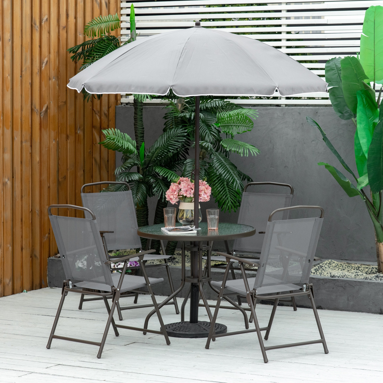 Ensemble patio de 6 pièces avec parasol, ensemble de meubles d'extérieur avec table ronde et 4 chaises pliantes pour jardin, pelouse, terrasse, gris
