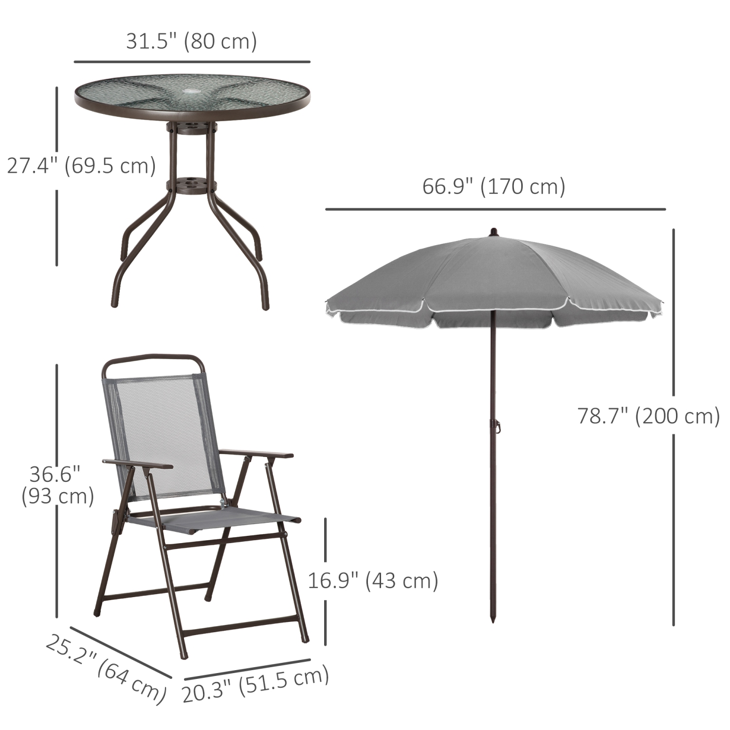 Ensemble patio de 6 pièces avec parasol, ensemble de meubles d'extérieur avec table ronde et 4 chaises pliantes pour jardin, pelouse, terrasse, gris