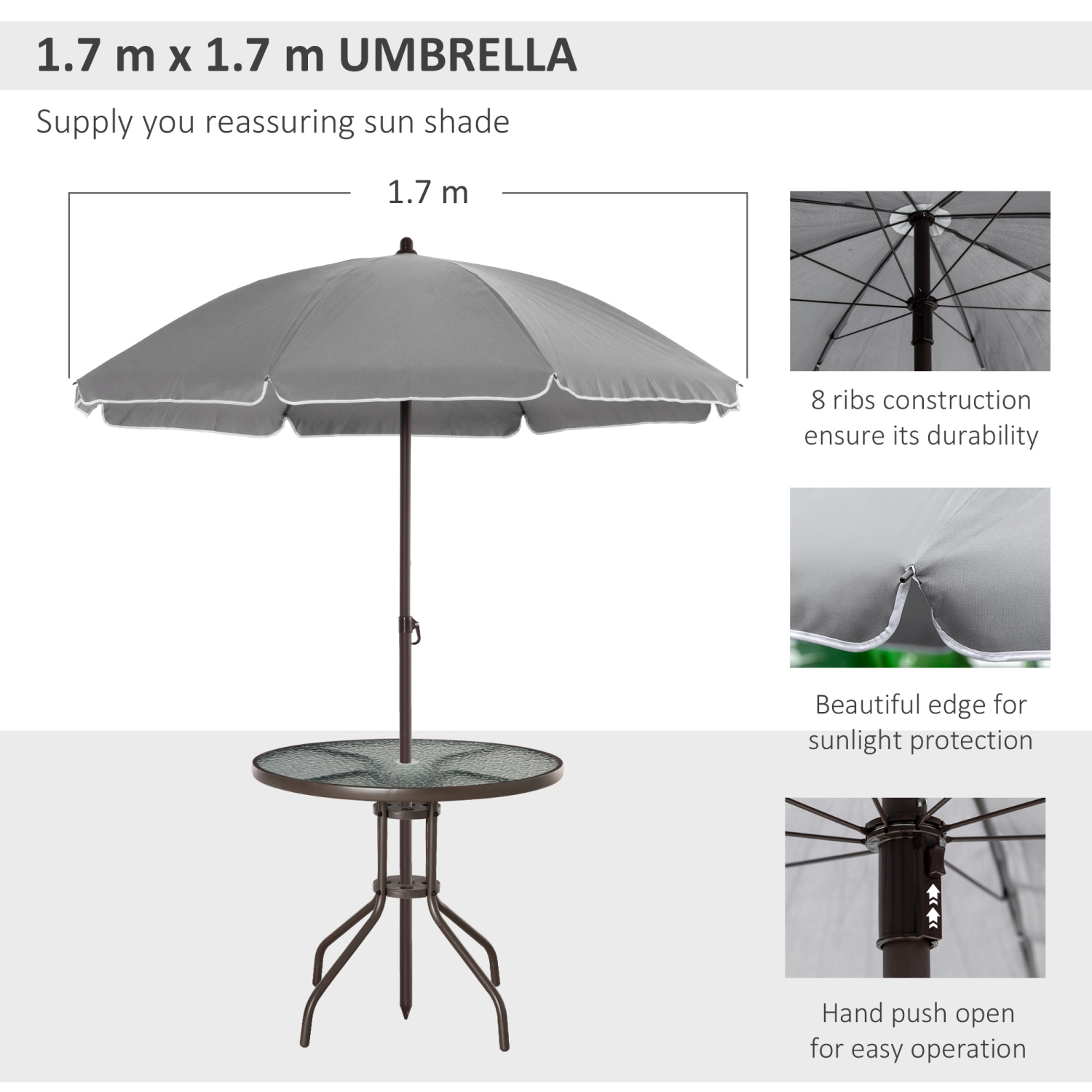Ensemble patio de 6 pièces avec parasol, ensemble de meubles d'extérieur avec table ronde et 4 chaises pliantes pour jardin, pelouse, terrasse, gris