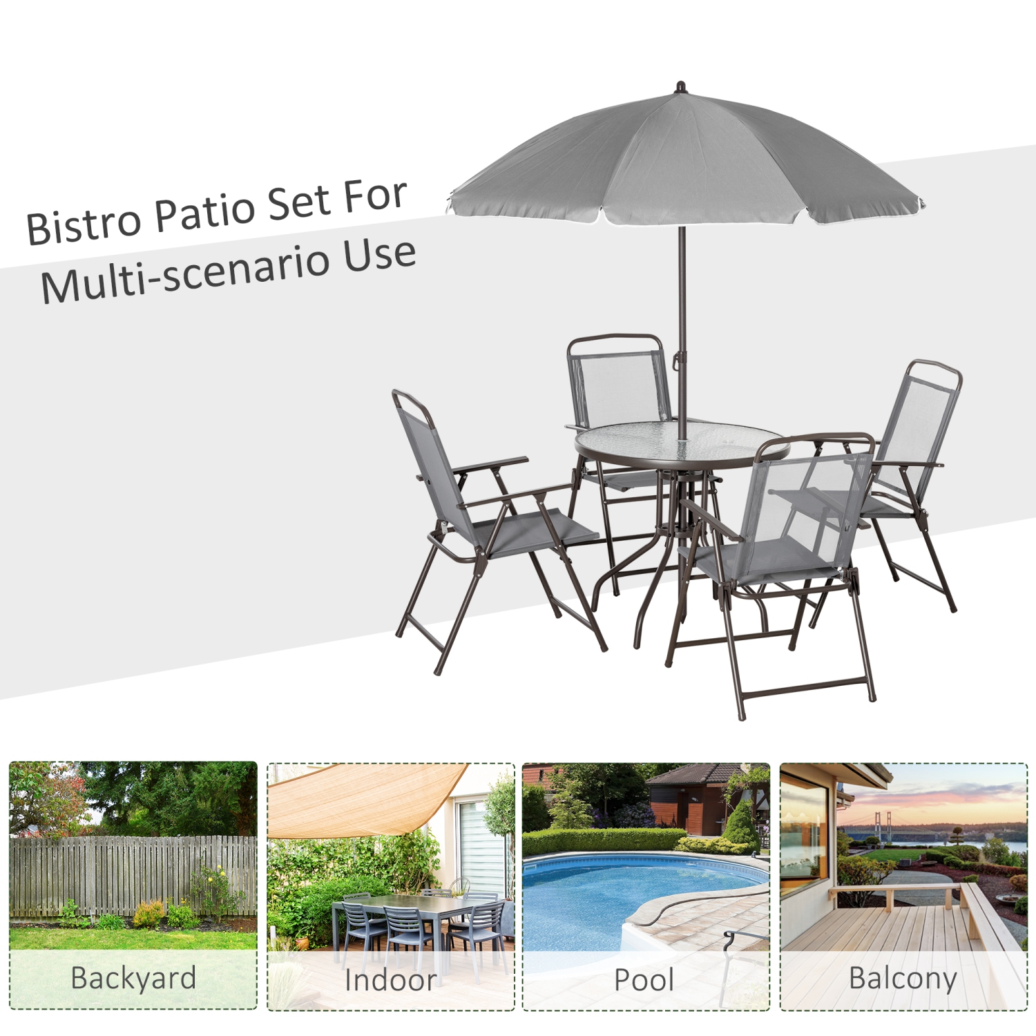 Ensemble patio de 6 pièces avec parasol, ensemble de meubles d'extérieur avec table ronde et 4 chaises pliantes pour jardin, pelouse, terrasse, gris