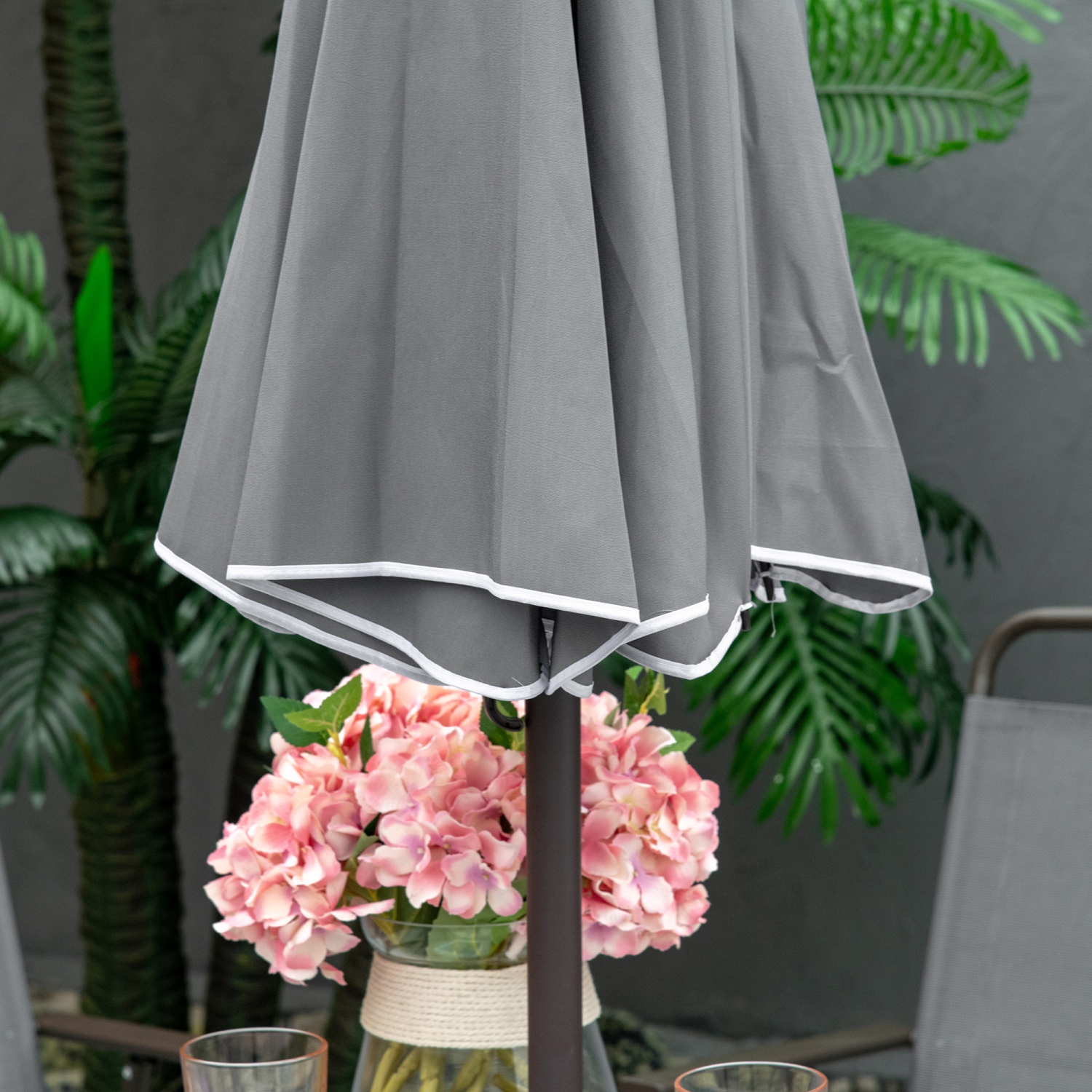 Ensemble patio de 6 pièces avec parasol, ensemble de meubles d'extérieur avec table ronde et 4 chaises pliantes pour jardin, pelouse, terrasse, gris