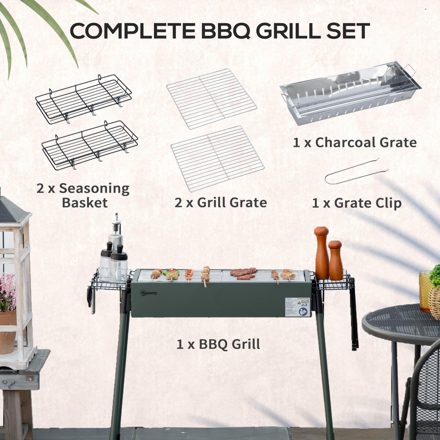 Outsunny Portable Outdoor Charcoal BBQ Grill with Side Seasoning Baskets, Hooks, and Barbecue Nets for Outdoor, Garden, Cooking, Picnic, Camping,