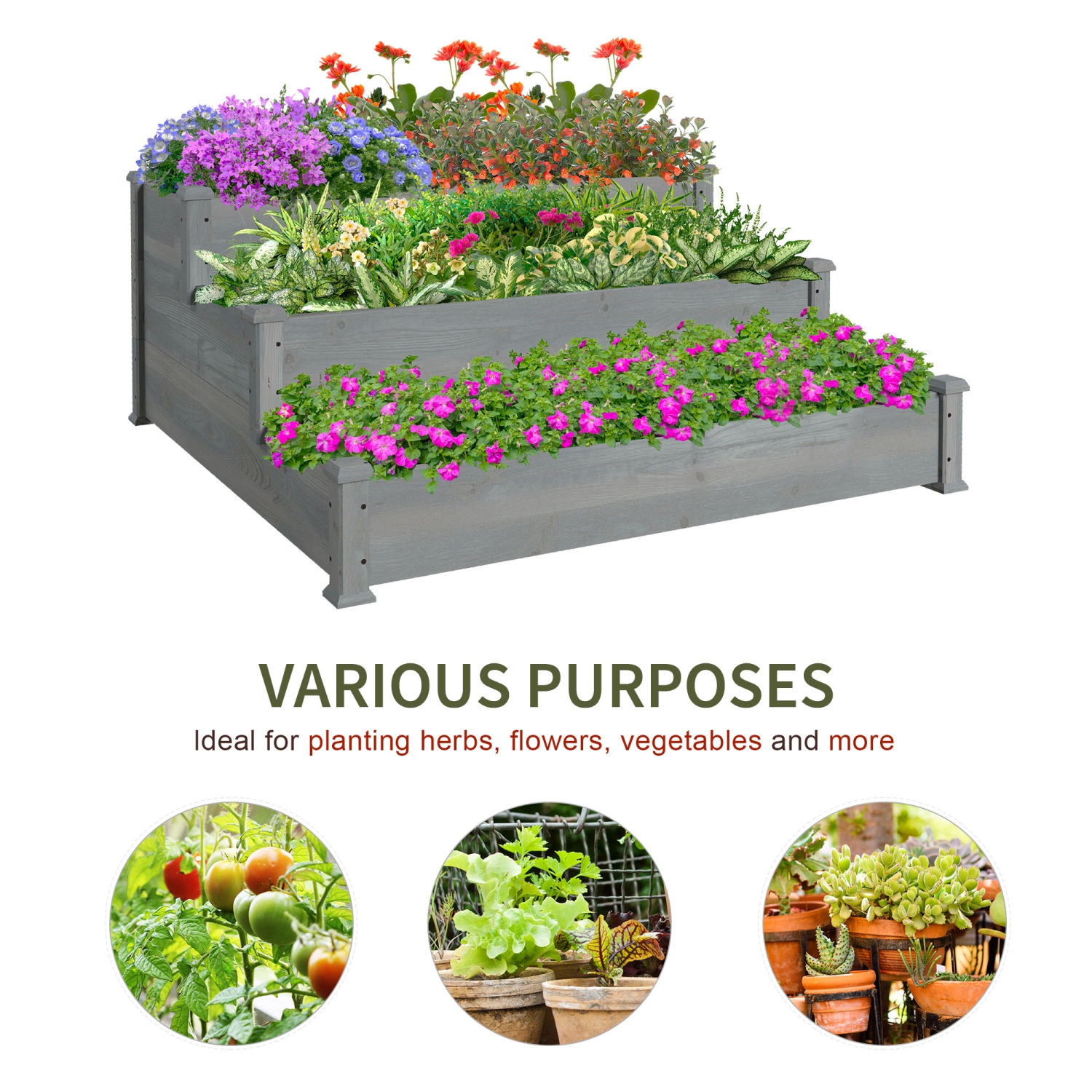 Outsunny 49" x 49" x 22" 3-Tier Raised Garden Bed Wooden Planter Kit Elevated Plant Box Stand for Yard, Patio, Grey