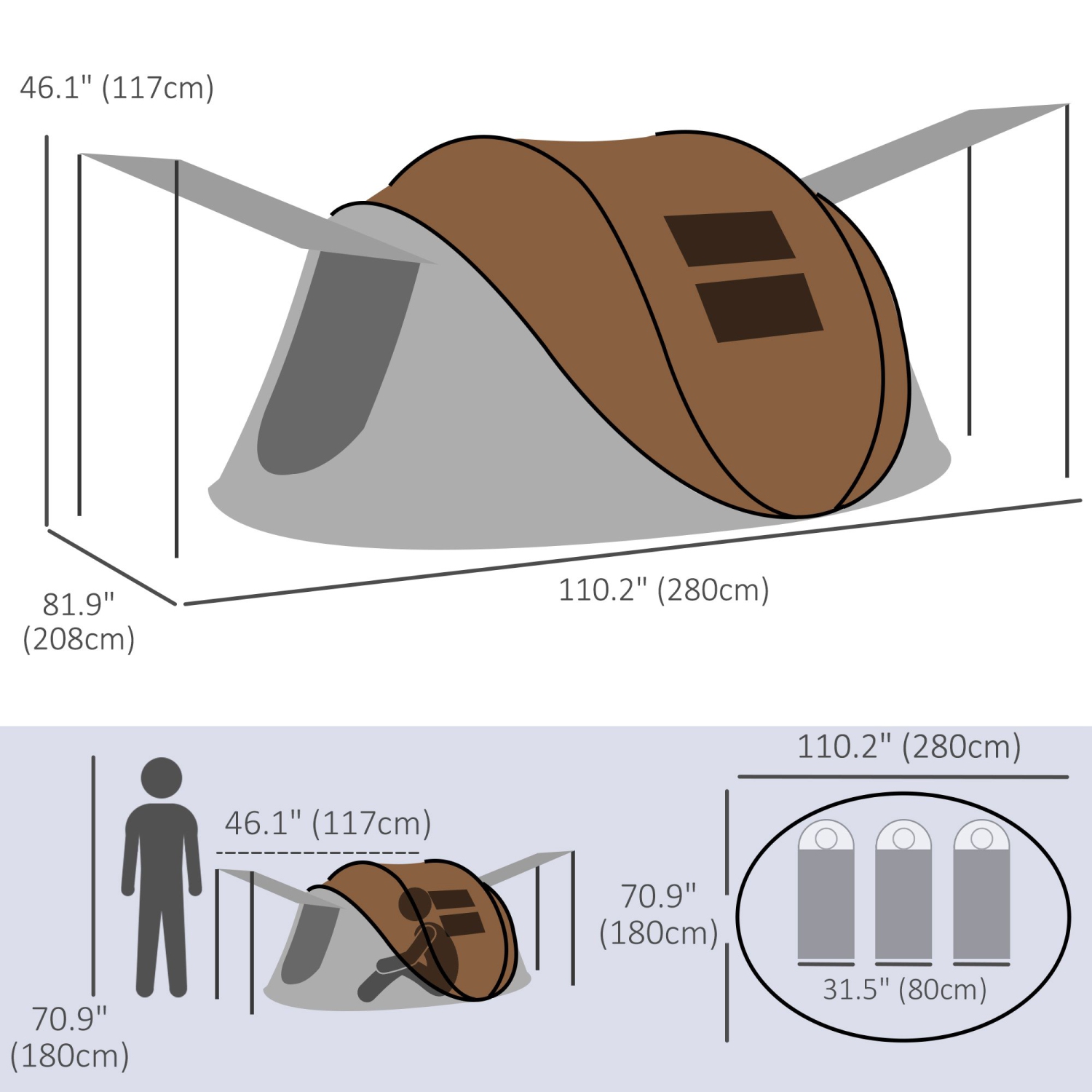 Outsunny Pop Up Tent, Instant Camping Tent with 2 Porch and Carry Bag, 3000mm Waterproof, for 2-3 People, Brown,