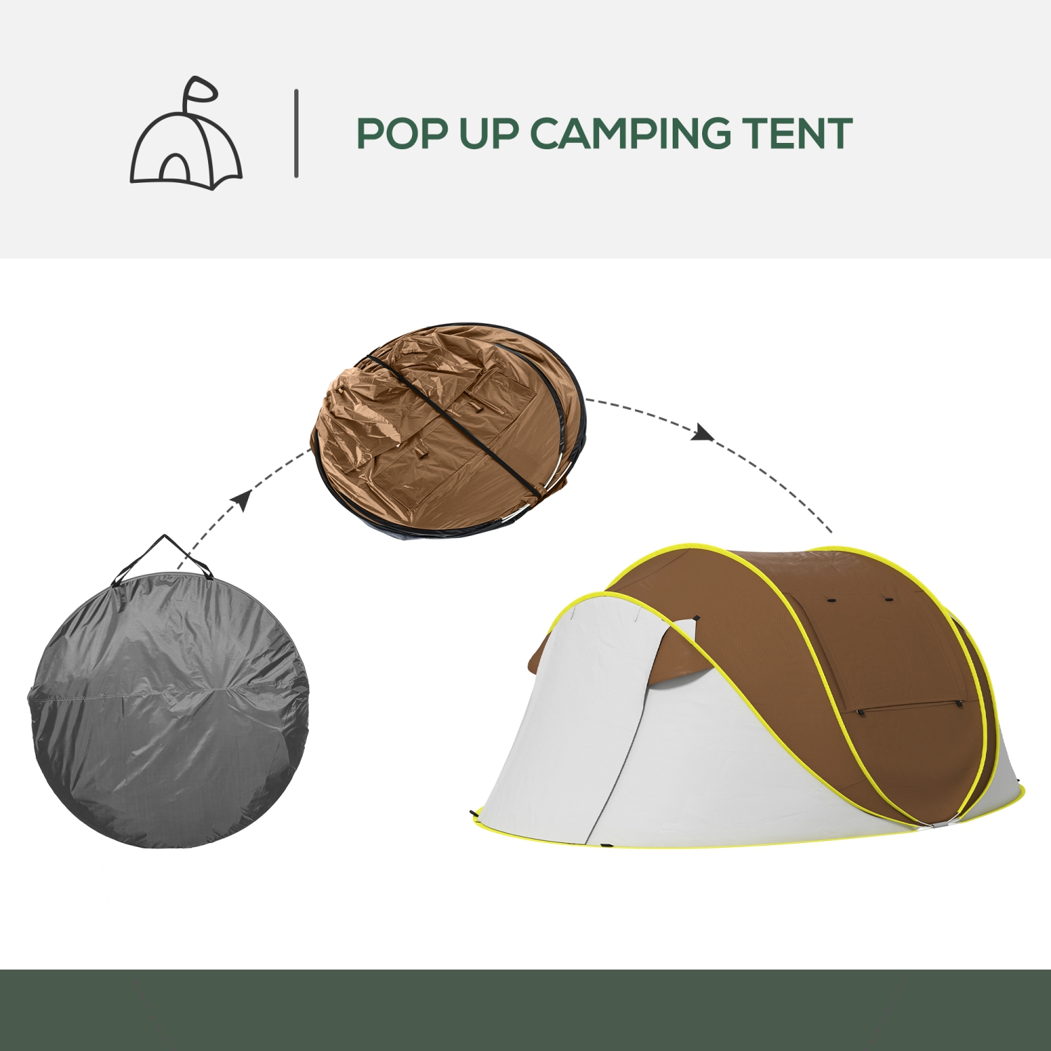 Outsunny Pop Up Tent, Instant Camping Tent with 2 Porch and Carry Bag, 3000mm Waterproof, for 2-3 People, Brown,