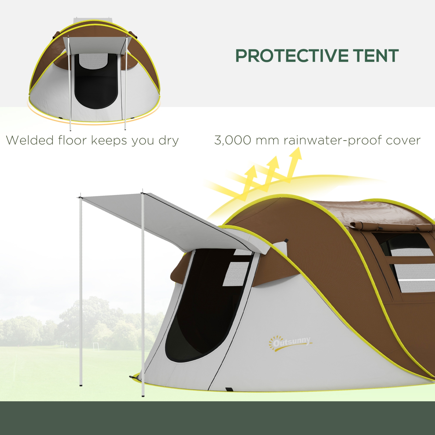 Outsunny Pop Up Tent, Instant Camping Tent with 2 Porch and Carry Bag, 3000mm Waterproof, for 2-3 People, Brown,