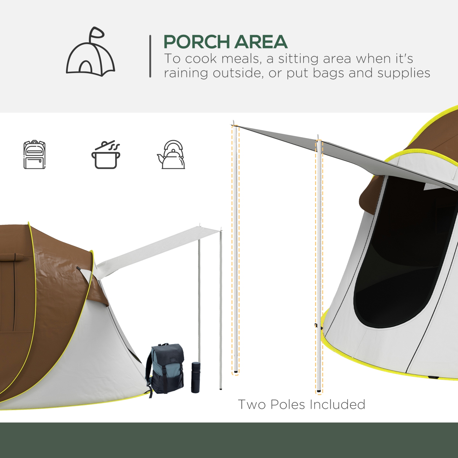 Outsunny Pop Up Tent, Instant Camping Tent with 2 Porch and Carry Bag, 3000mm Waterproof, for 2-3 People, Brown,