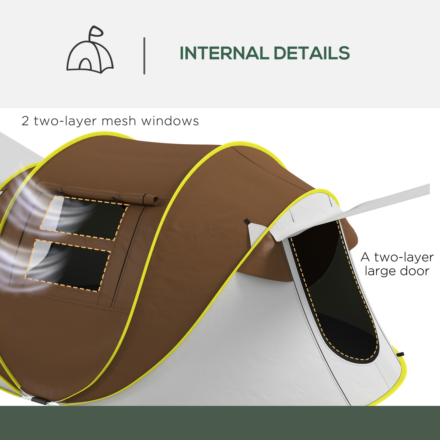 Outsunny Pop Up Tent, Instant Camping Tent with 2 Porch and Carry Bag, 3000mm Waterproof, for 2-3 People, Brown,