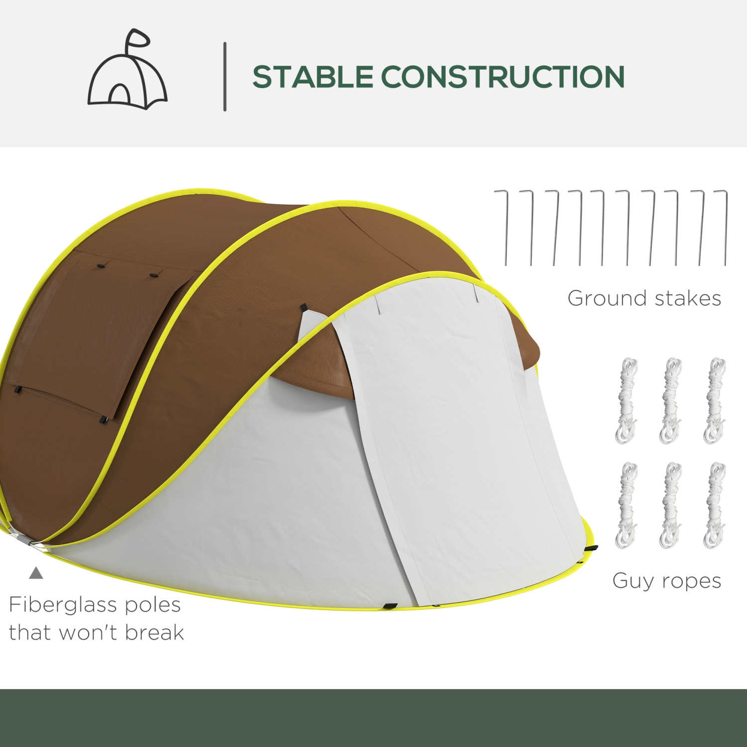 Outsunny Pop Up Tent, Instant Camping Tent with 2 Porch and Carry Bag, 3000mm Waterproof, for 2-3 People, Brown,