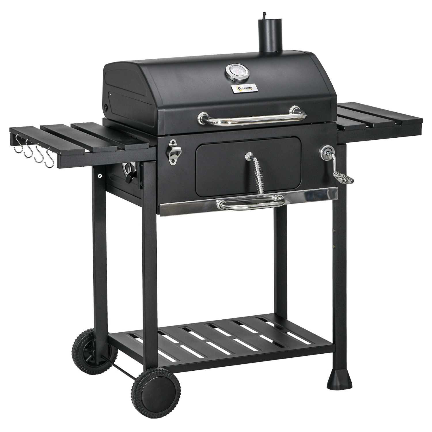 Outsunny Charcoal BBQ Grill Trolley with Adjustable Charcoal Pan, Barbecue Grill Smoker with Storage Shelves, Lid, Thermometer, Bottle Opener and