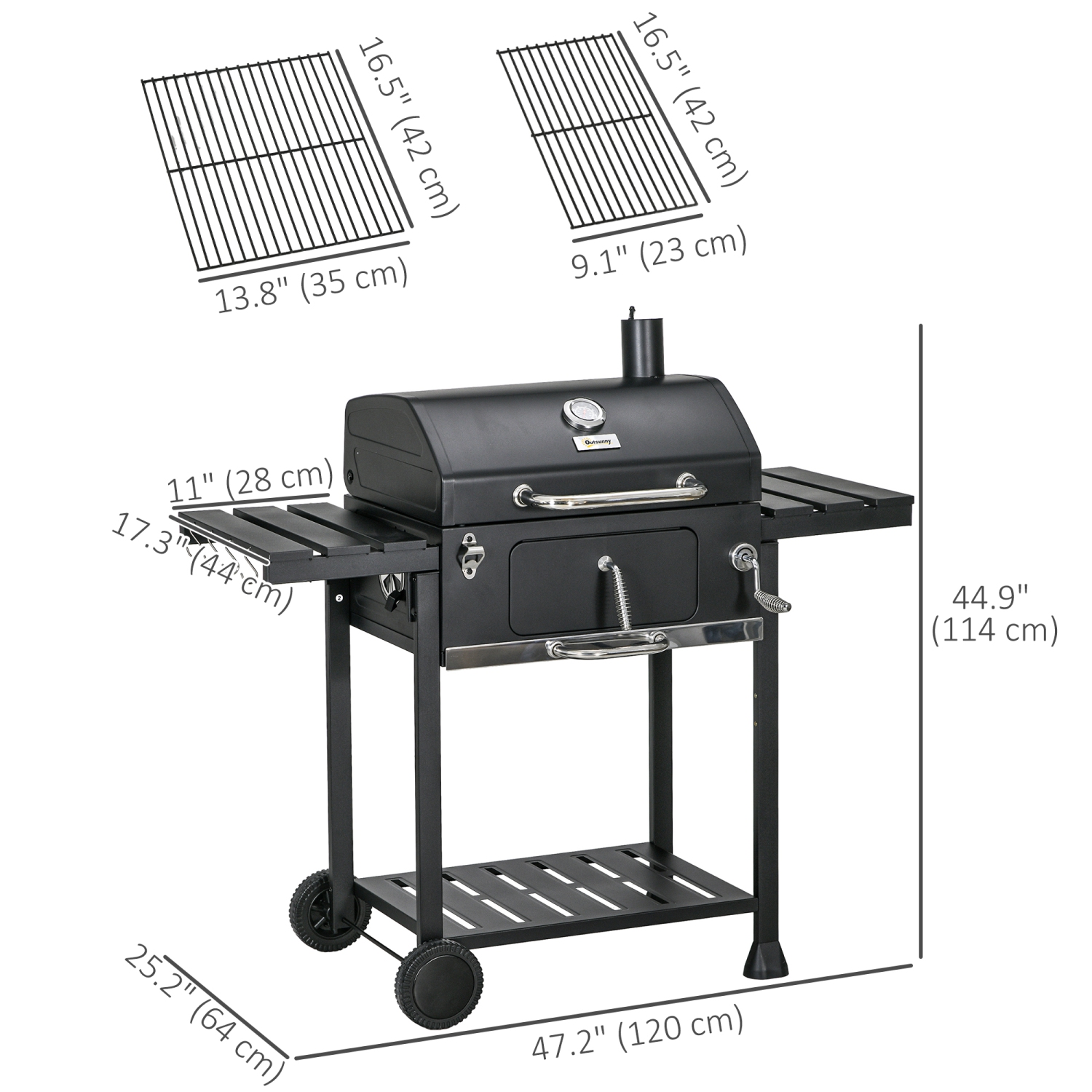 Outsunny Charcoal BBQ Grill Trolley with Adjustable Charcoal Pan, Barbecue Grill Smoker with Storage Shelves, Lid, Thermometer, Bottle Opener and