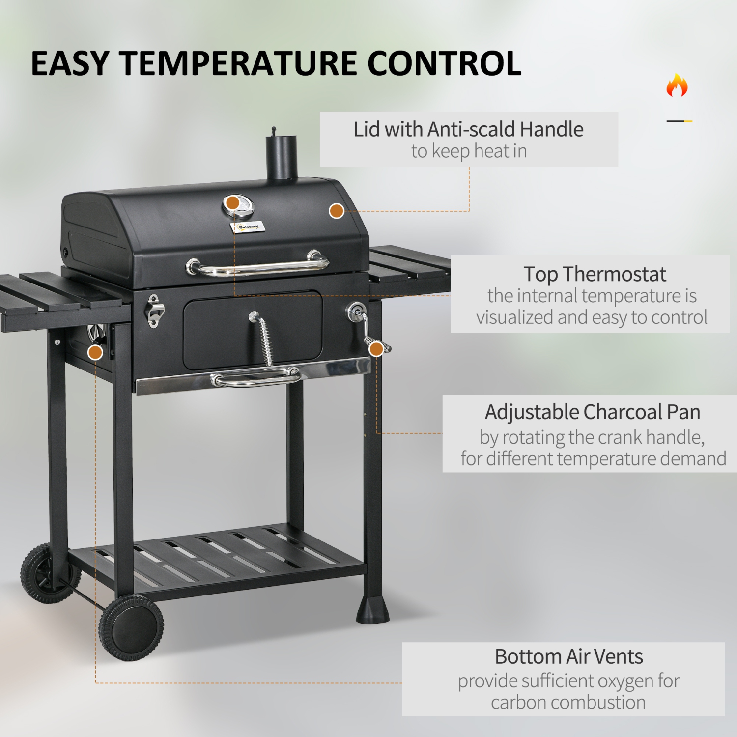 Outsunny Charcoal BBQ Grill Trolley with Adjustable Charcoal Pan, Barbecue Grill Smoker with Storage Shelves, Lid, Thermometer, Bottle Opener and