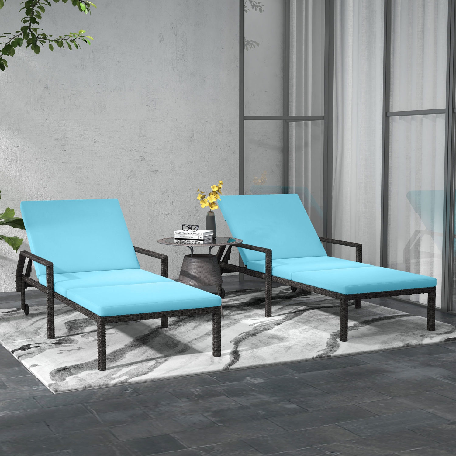 Outsunny 2 Piece Wicker Chaise Lounger PE Rattan Outdoor Lounge Chair Garden Chair Recliner with 5-Level Adjustable Backrest and 2 Wheels, Sky Blue