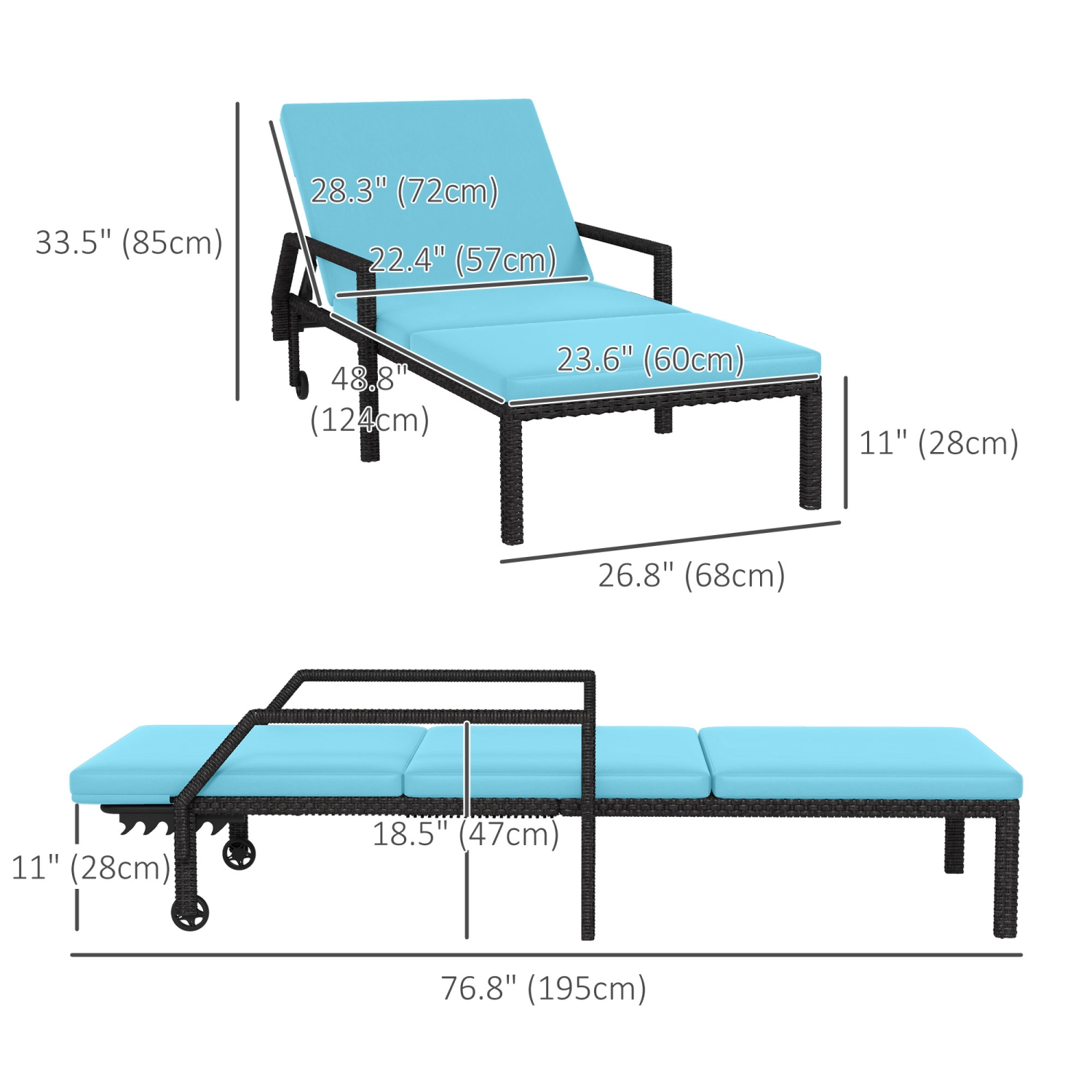 Outsunny 2 Piece Wicker Chaise Lounger PE Rattan Outdoor Lounge Chair Garden Chair Recliner with 5-Level Adjustable Backrest and 2 Wheels, Sky Blue