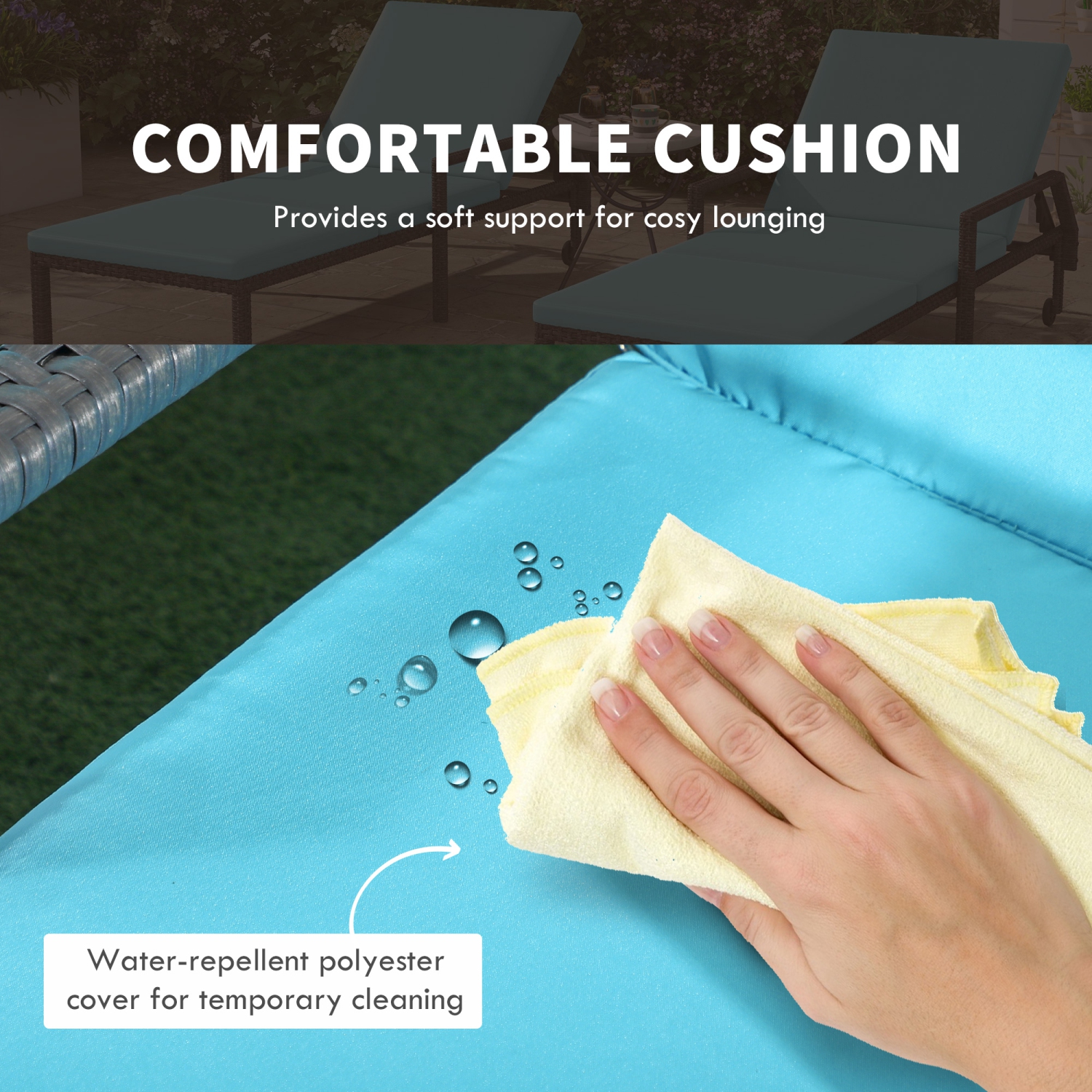 Outsunny 2 Piece Wicker Chaise Lounger PE Rattan Outdoor Lounge Chair Garden Chair Recliner with 5-Level Adjustable Backrest and 2 Wheels, Sky Blue