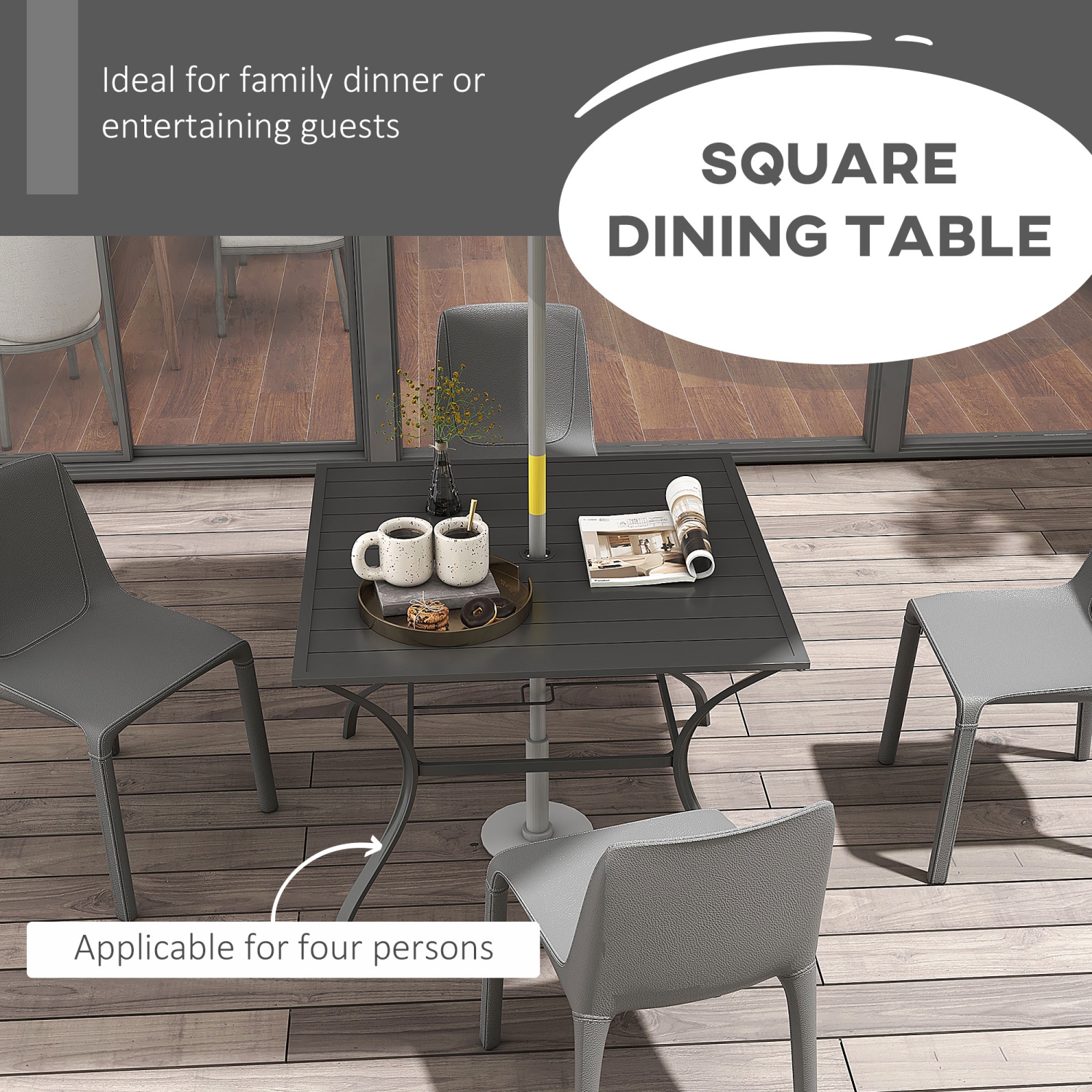 Table à manger extérieure Outsunny pour quatre, table de jardin avec trou parasol, table de jardin carrée avec dessus de plaque en métal latté pour