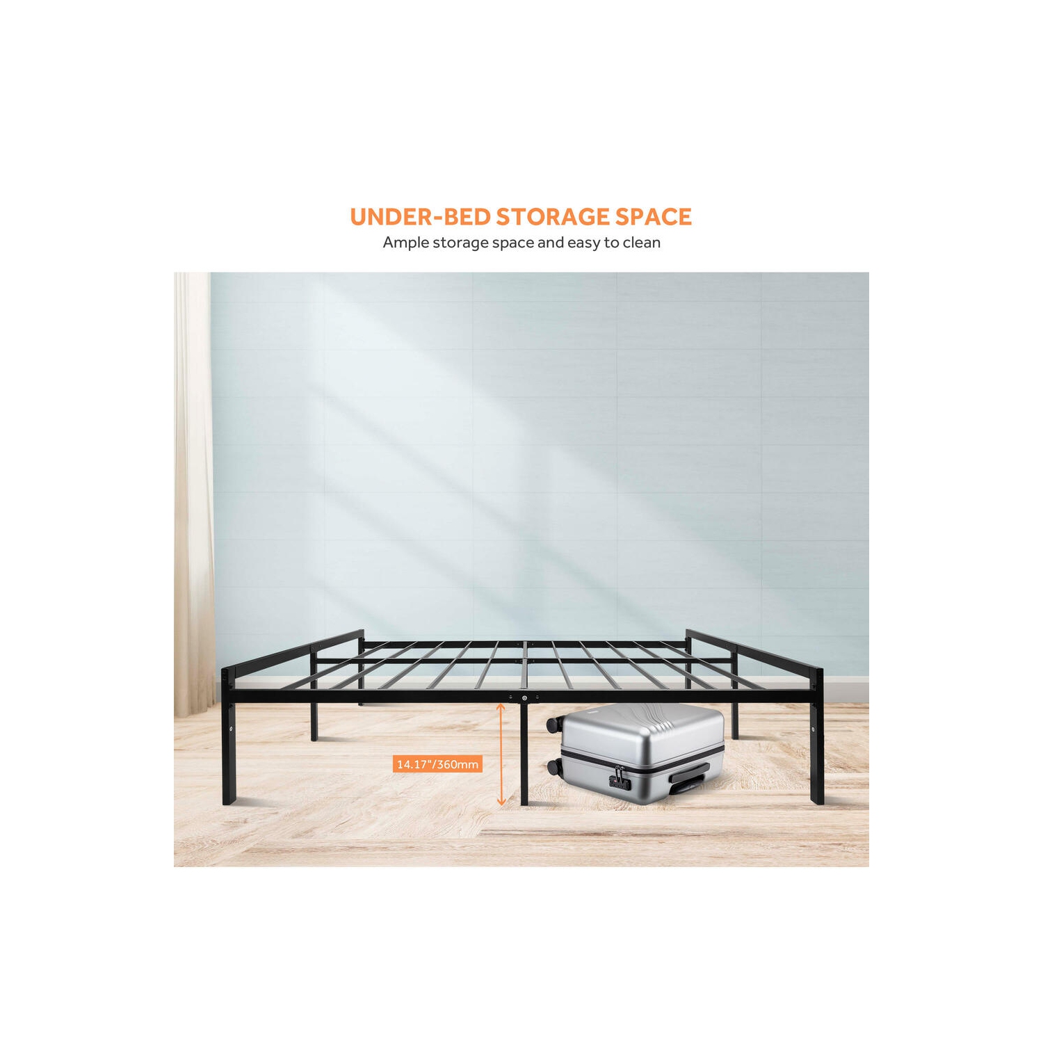Queen Size Bed Frame with 14.25" Storage Space, Heavy Duty Metal Platform Bed Frame, No Box Spring Needed and Noise Free