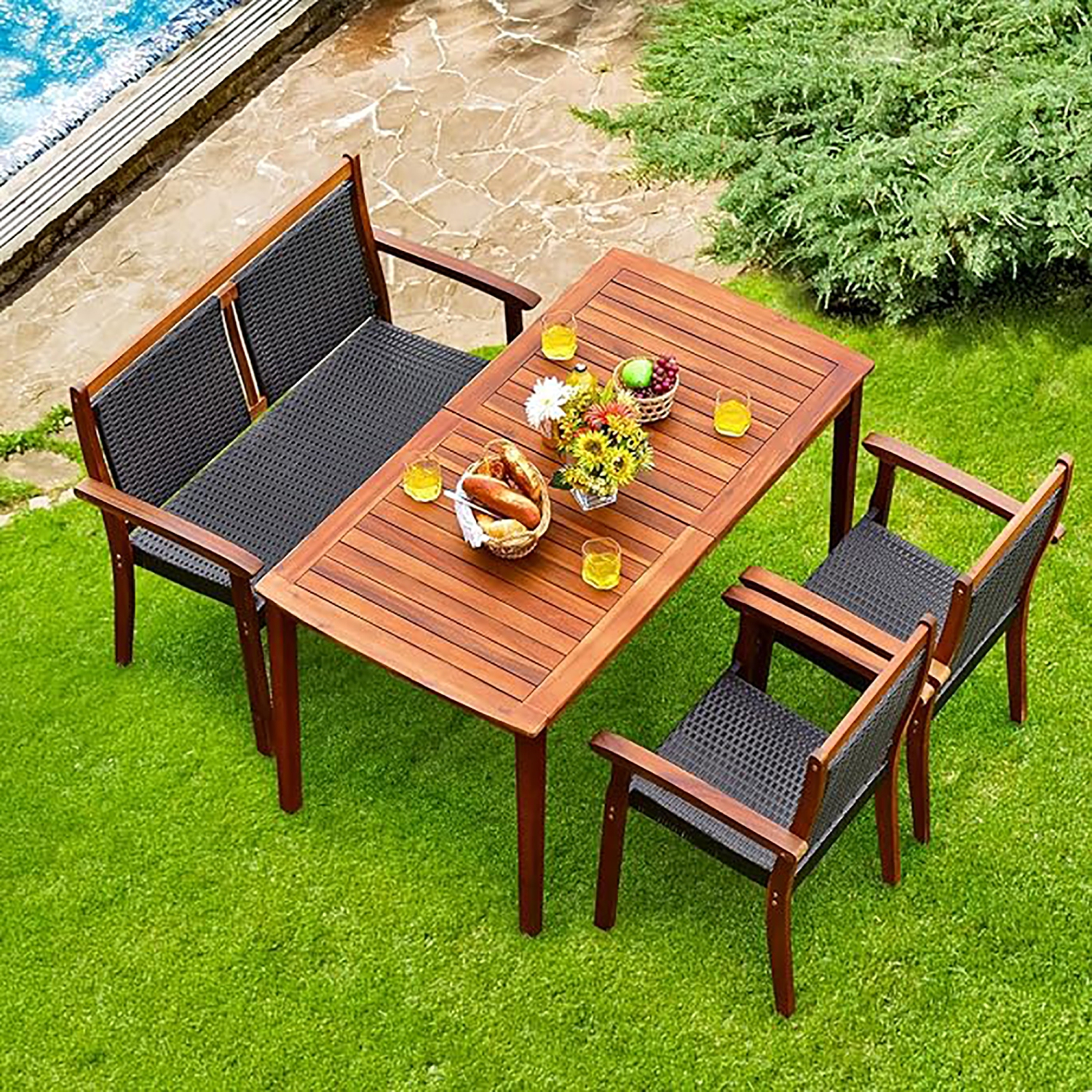 Gymax 4PCS Acacia Wood Rattan Furniture Set w/ Umbrella Hole Patio Dining Set