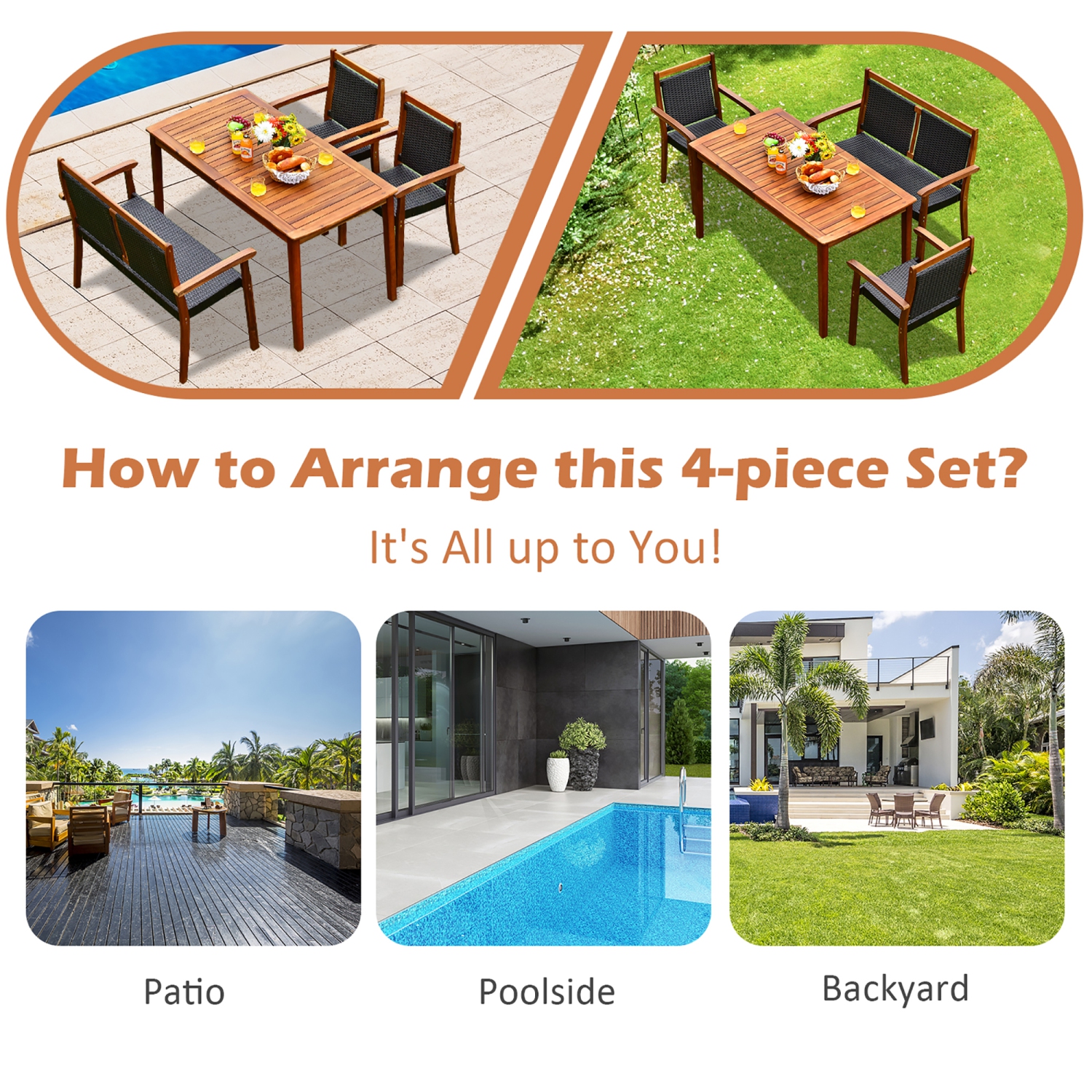 Gymax 4PCS Acacia Wood Rattan Furniture Set w/ Umbrella Hole Patio Dining Set