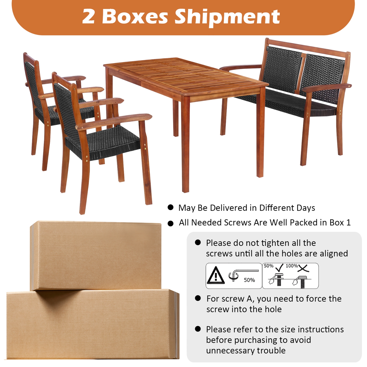 Gymax 4PCS Acacia Wood Rattan Furniture Set w/ Umbrella Hole Patio Dining Set