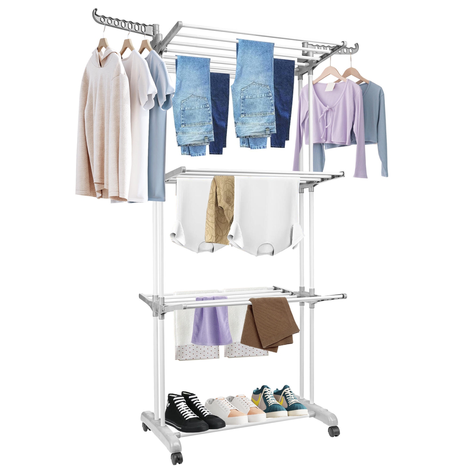 Foldable 3-Tier Clothes Drying Rack with 4 Casters, Laundry Drying Rack Organizer for Clothes Shoes