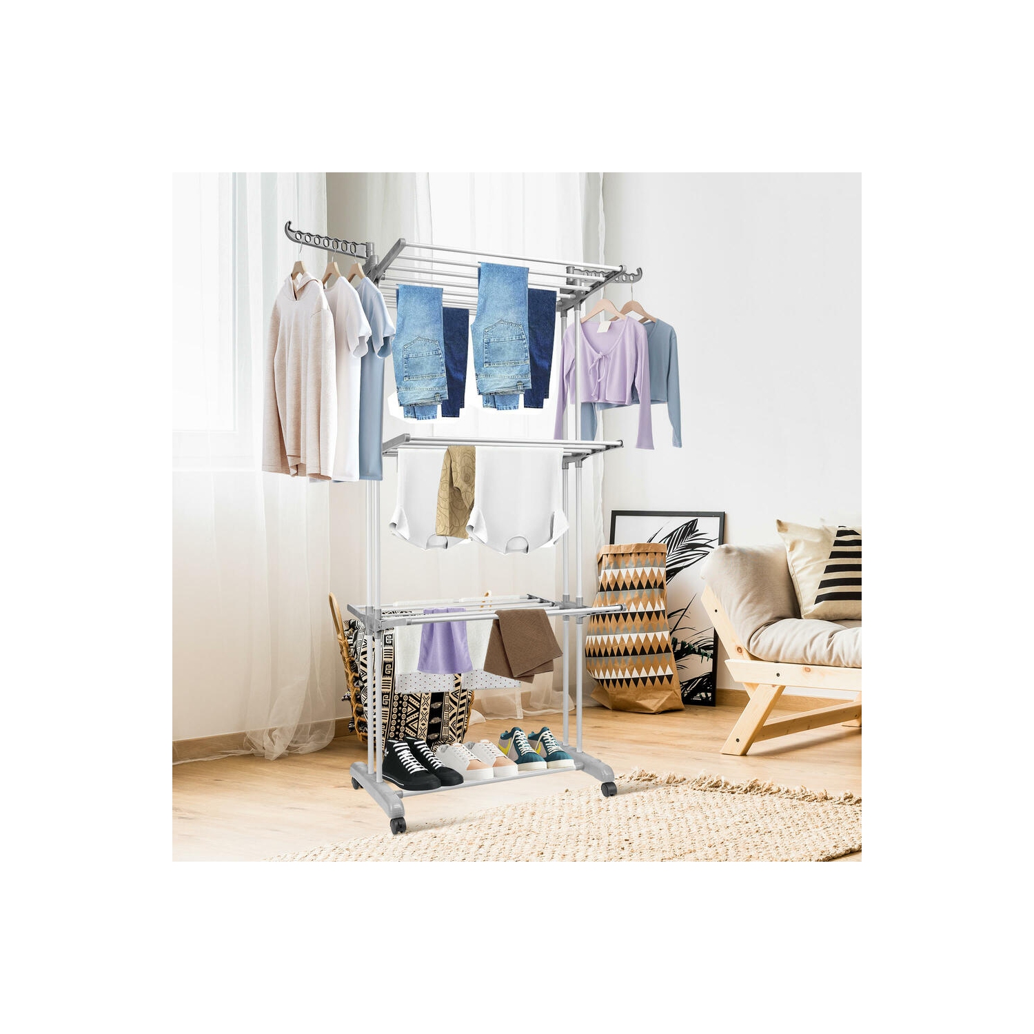 Foldable 3-Tier Clothes Drying Rack with 4 Casters, Laundry Drying Rack Organizer for Clothes Shoes