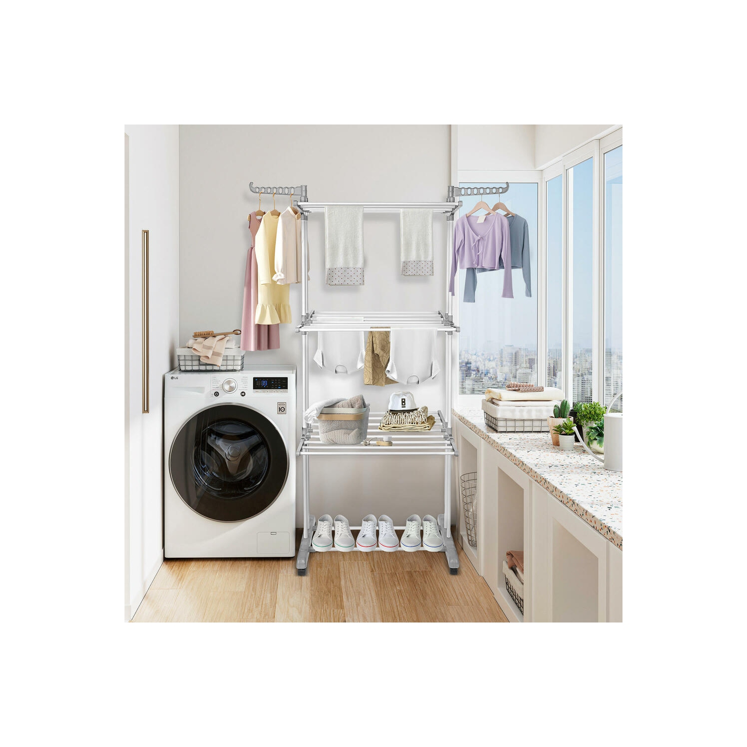 Foldable 3-Tier Clothes Drying Rack with 4 Casters, Laundry Drying Rack Organizer for Clothes Shoes