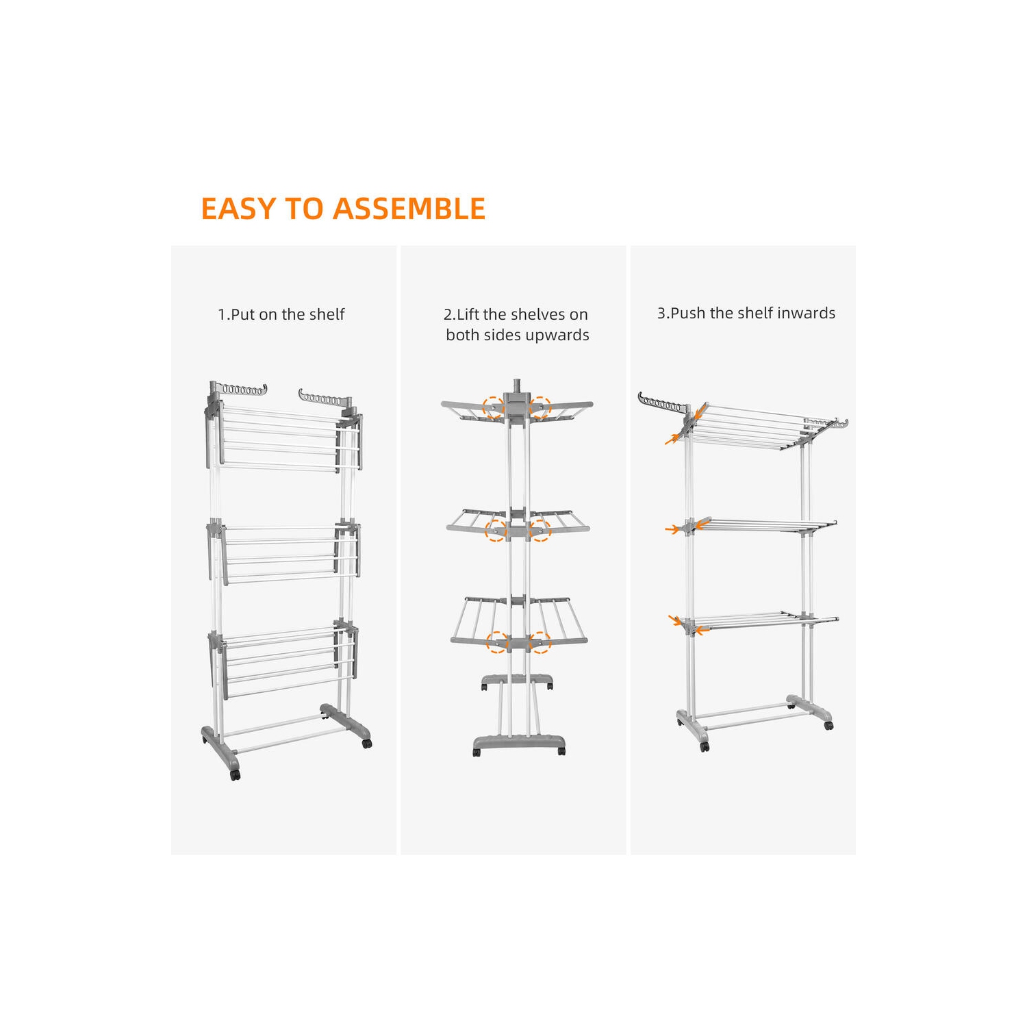 Foldable 3-Tier Clothes Drying Rack with 4 Casters, Laundry Drying Rack Organizer for Clothes Shoes