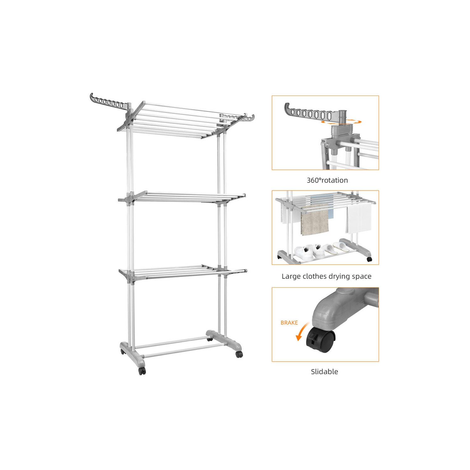 Foldable 3-Tier Clothes Drying Rack with 4 Casters, Laundry Drying Rack Organizer for Clothes Shoes