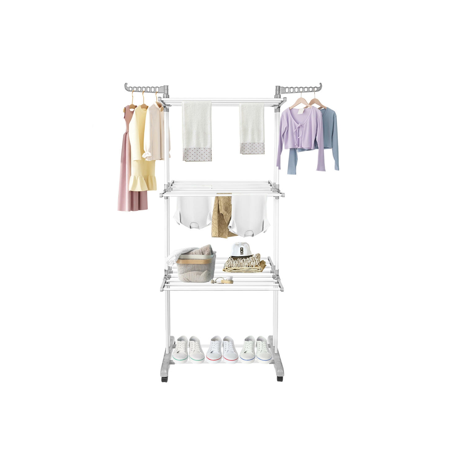 Foldable 3-Tier Clothes Drying Rack with 4 Casters, Laundry Drying Rack Organizer for Clothes Shoes