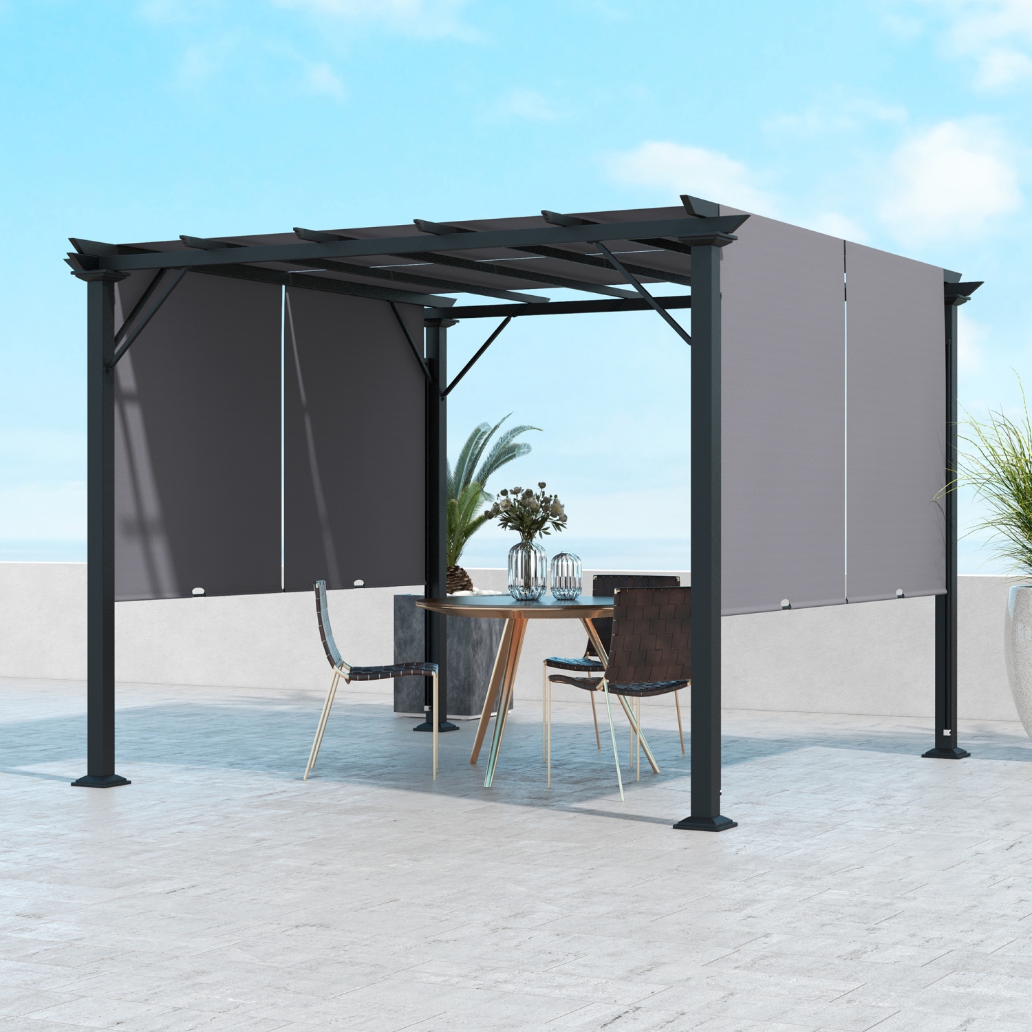 Outsunny 10' x 10' Retractable Pergola Canopy, Outdoor Gazebo with Sun Shade Canopy and Steel Frame, for Backyard, Garden, Patio, Deck, Grey
