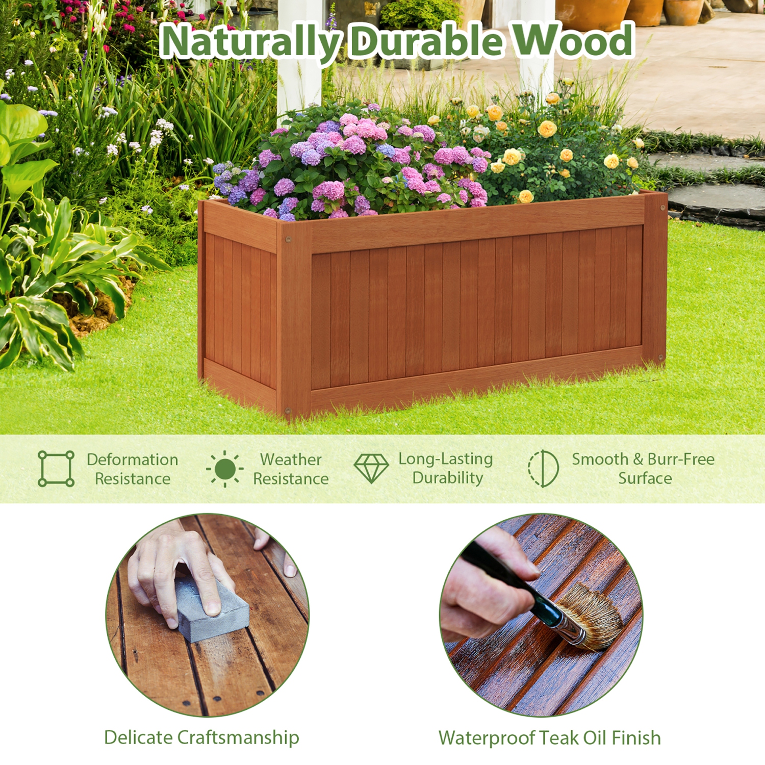 Gymax Wood Outdoor Planter Box w/ Seat 2-in-1 Wooden Raised Garden Bed & Bench
