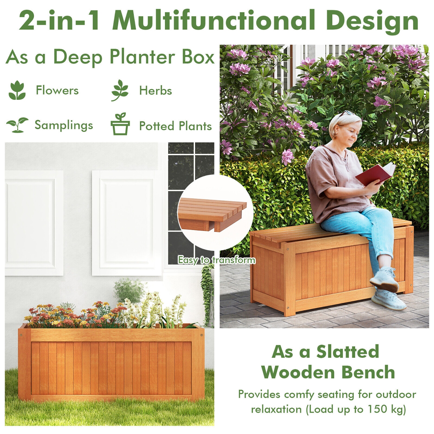 Gymax Wood Outdoor Planter Box w/ Seat 2-in-1 Wooden Raised Garden Bed & Bench