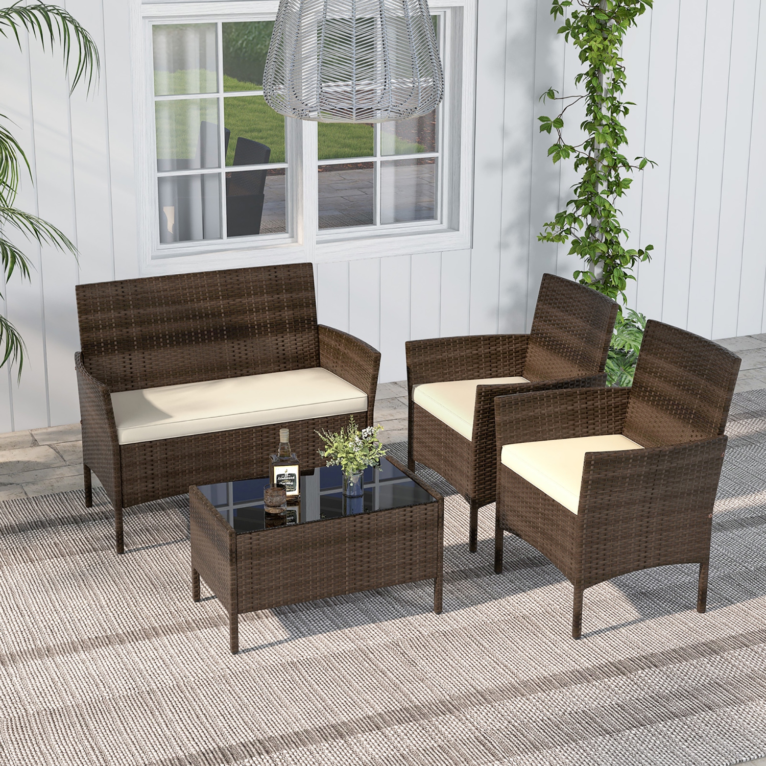 Gymax 4 PCS Patio Rattan Conversation Set Outdoor Wicker Furniture Set w/ Tempered Glass Table
