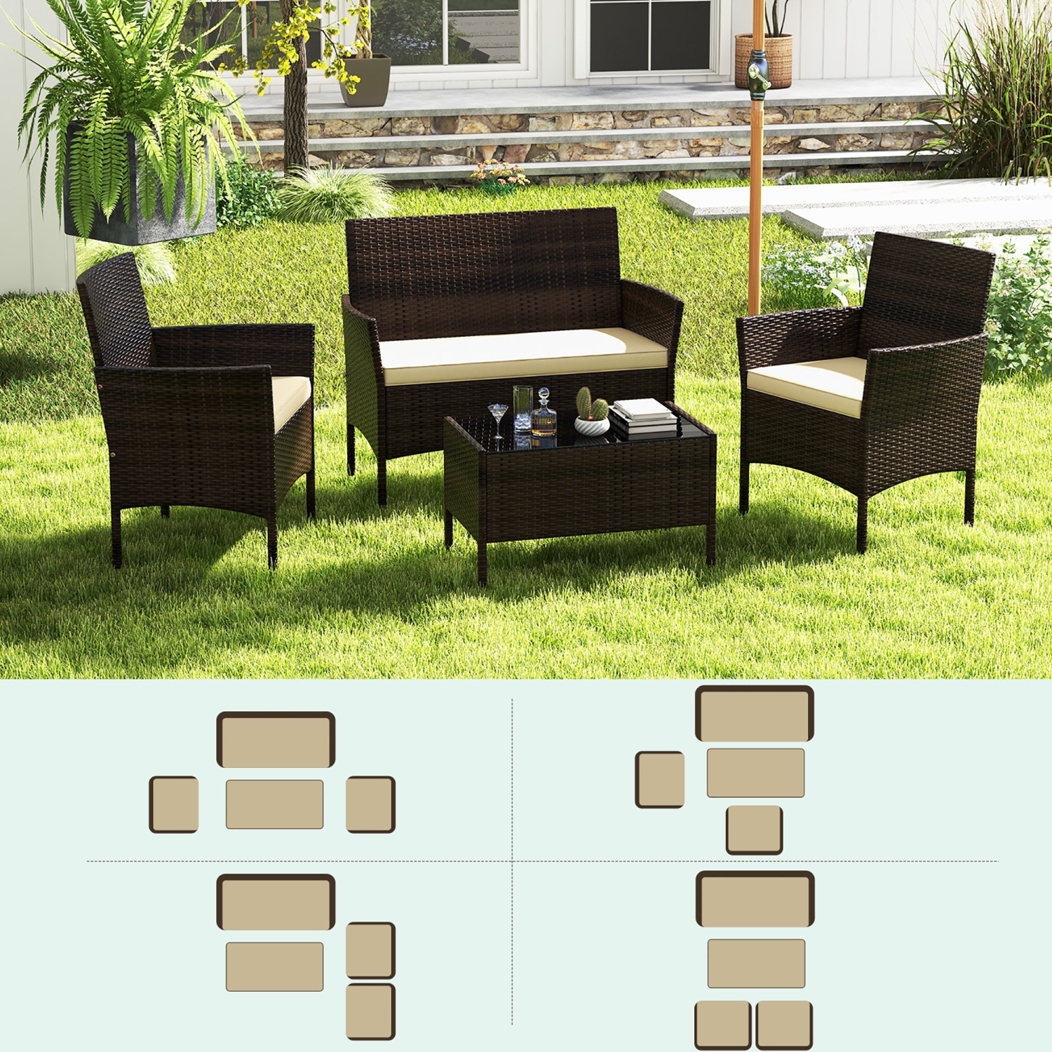 Gymax 4 PCS Patio Rattan Conversation Set Outdoor Wicker Furniture Set w/ Tempered Glass Table