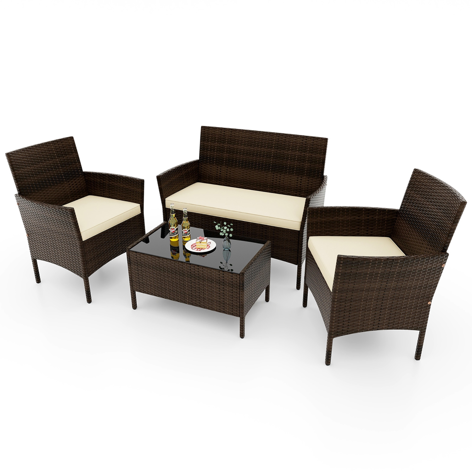 Gymax 4 PCS Patio Rattan Conversation Set Outdoor Wicker Furniture Set w/ Tempered Glass Table