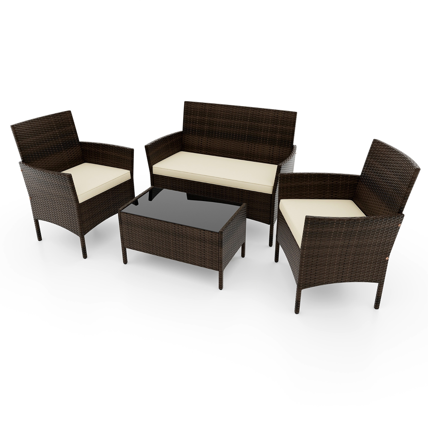 Gymax 4 PCS Patio Rattan Conversation Set Outdoor Wicker Furniture Set w/ Tempered Glass Table