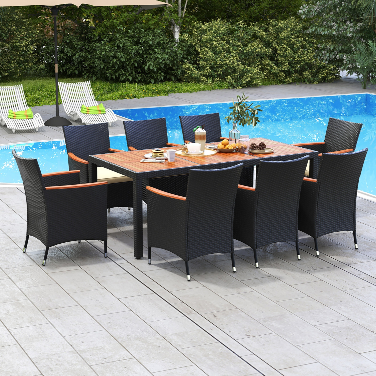 Gymax 9 PCS Patio Dining Set for 8 Large Conversation Set w/ Umbrella Hole Seat Cushion
