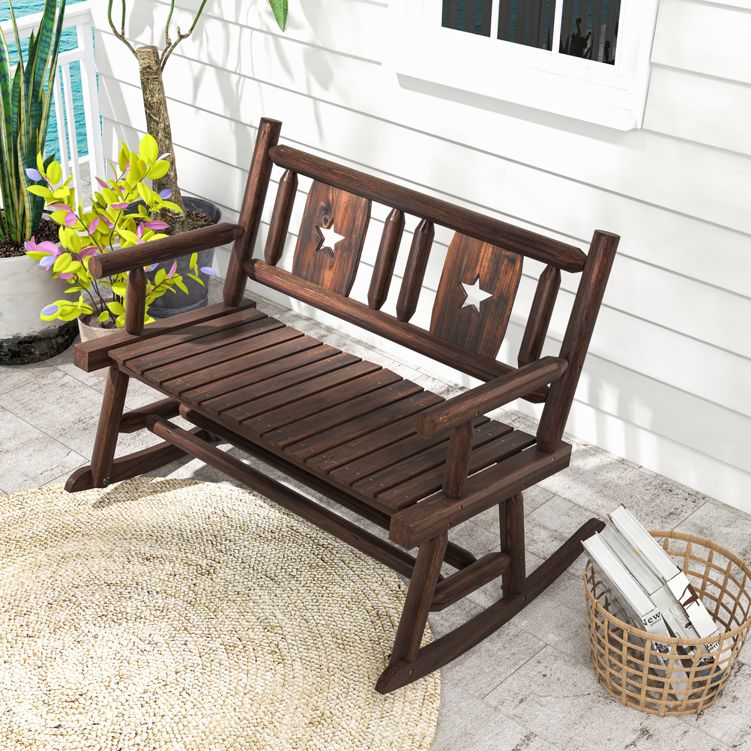 Gymax Outdoor Carbonized Wood Rocking Bench Double Rocking Chair for 2 Persons w/ Wide Curved Seat