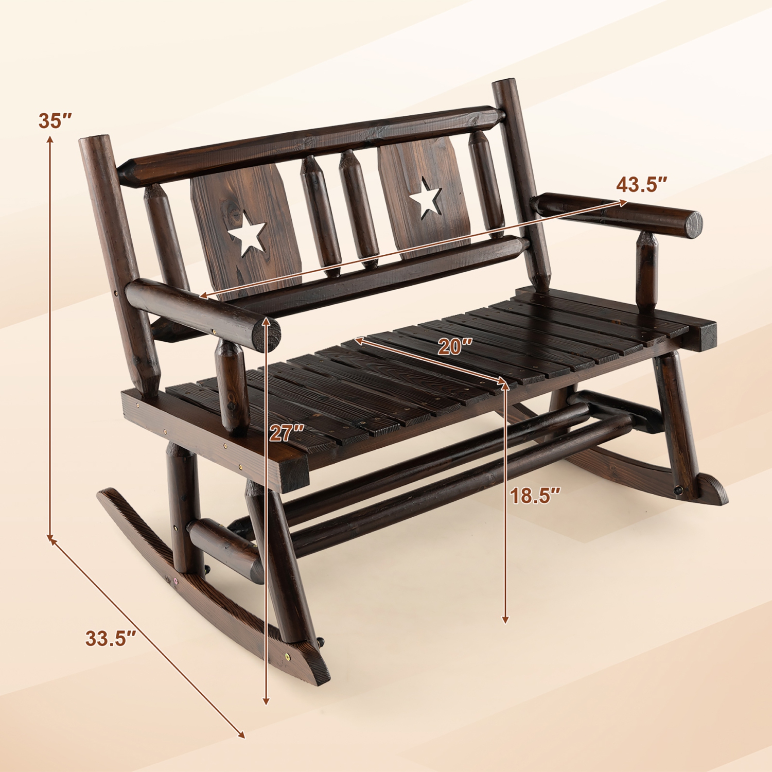 Gymax Outdoor Carbonized Wood Rocking Bench Double Rocking Chair for 2 Persons w/ Wide Curved Seat