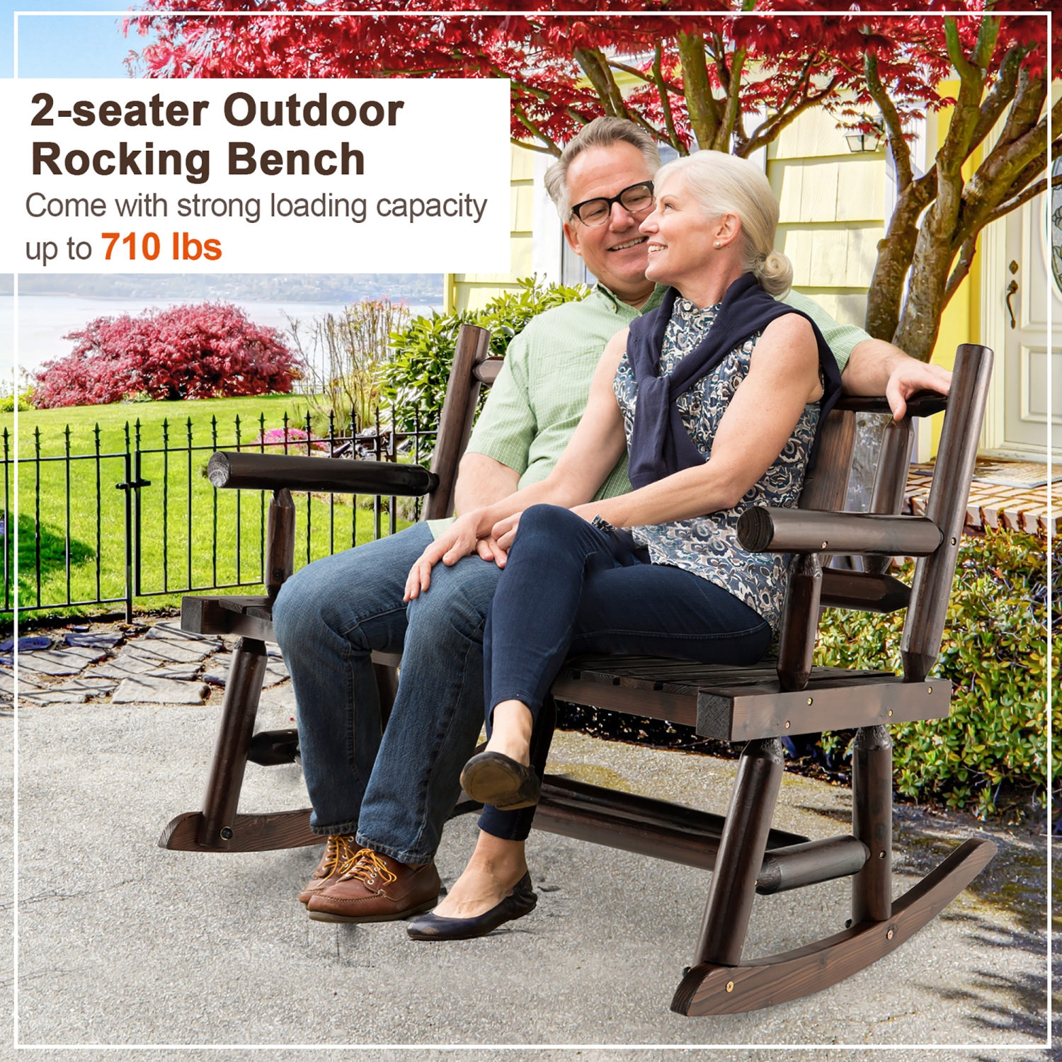 Gymax Outdoor Carbonized Wood Rocking Bench Double Rocking Chair for 2 Persons w/ Wide Curved Seat