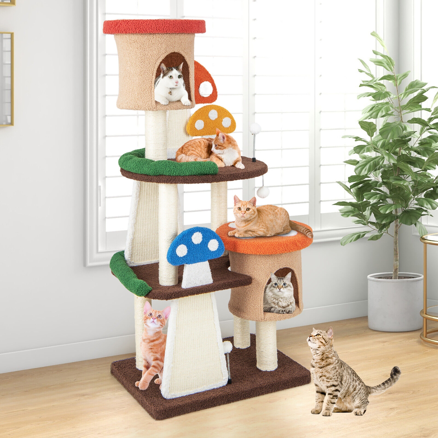 Gymax Wooden Cat Tree w/ Sisal Scratch Board & Post Padded Perch Hanging Toys Modern