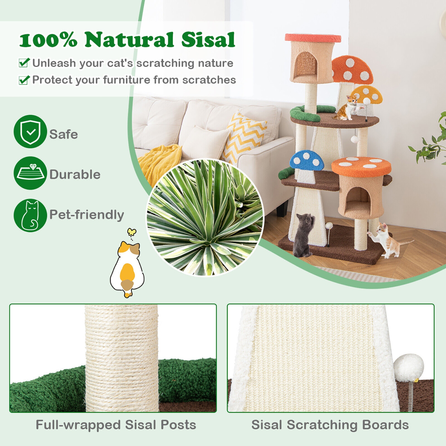 Gymax Wooden Cat Tree w/ Sisal Scratch Board & Post Padded Perch Hanging Toys Modern