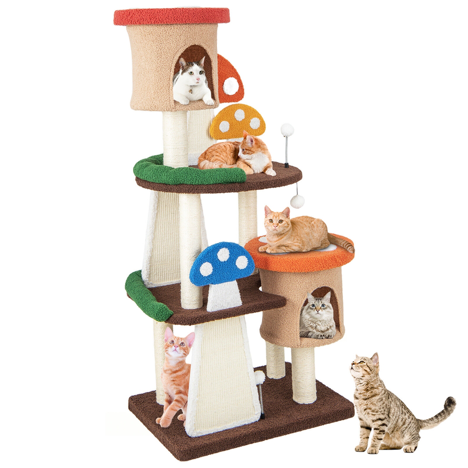 Gymax Wooden Cat Tree w/ Sisal Scratch Board & Post Padded Perch Hanging Toys Modern
