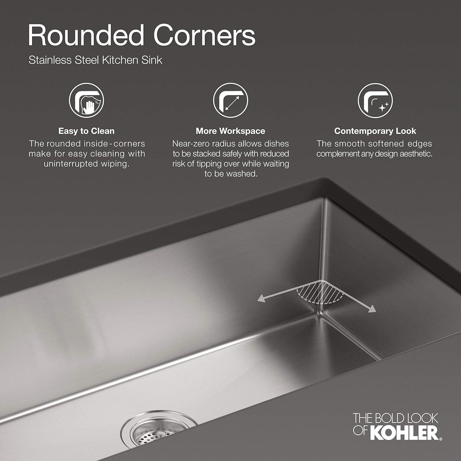 KOHLER K-5415-NA Strive auto-Trimming Undermount large évier de cuisine à un seul bol avec tablier haut, 35 1/2 x 21 1/4&nbsp;po, acier inoxydable