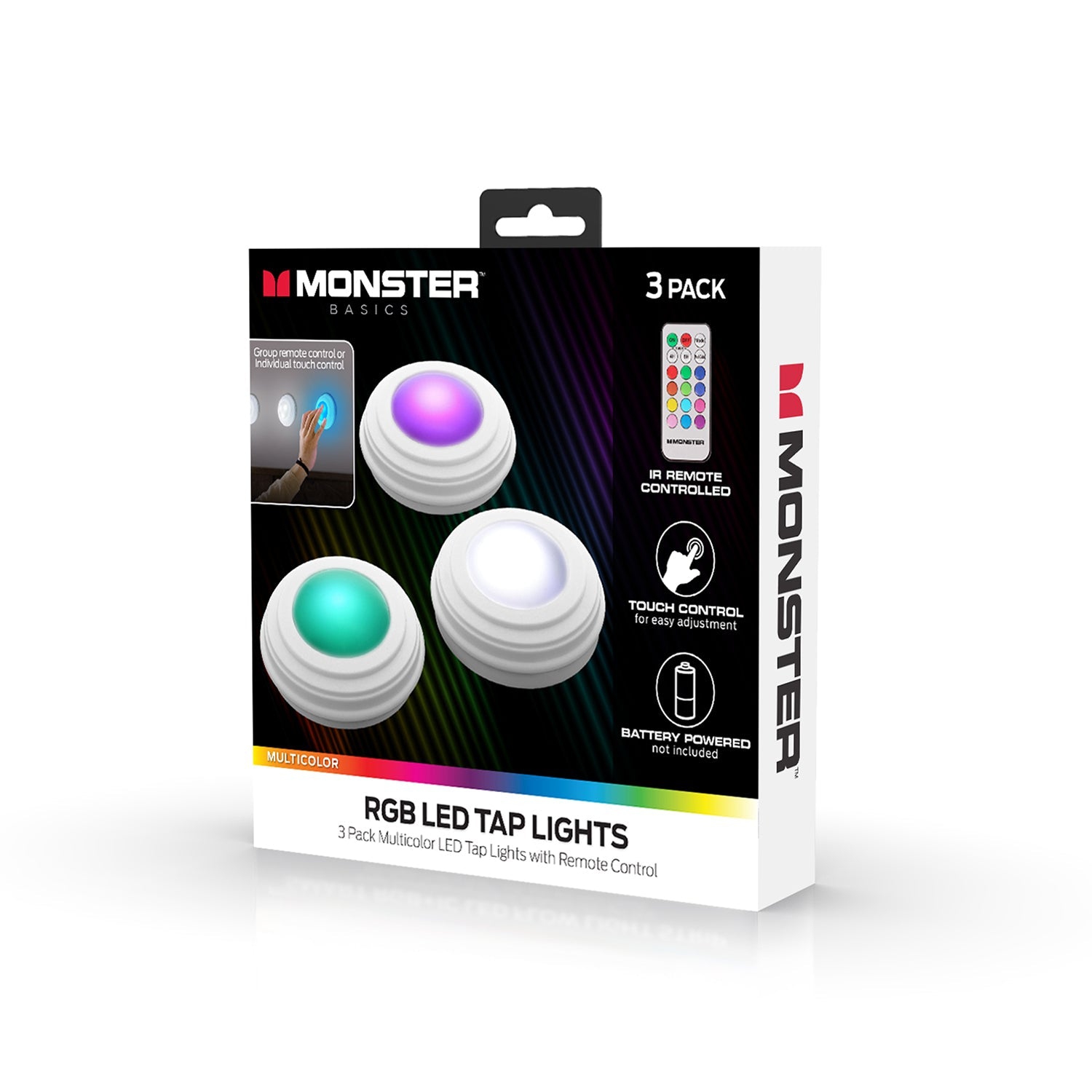Monster – Ensemble de 3 lampes à DEL multicolores avec commande tactile et télécommande