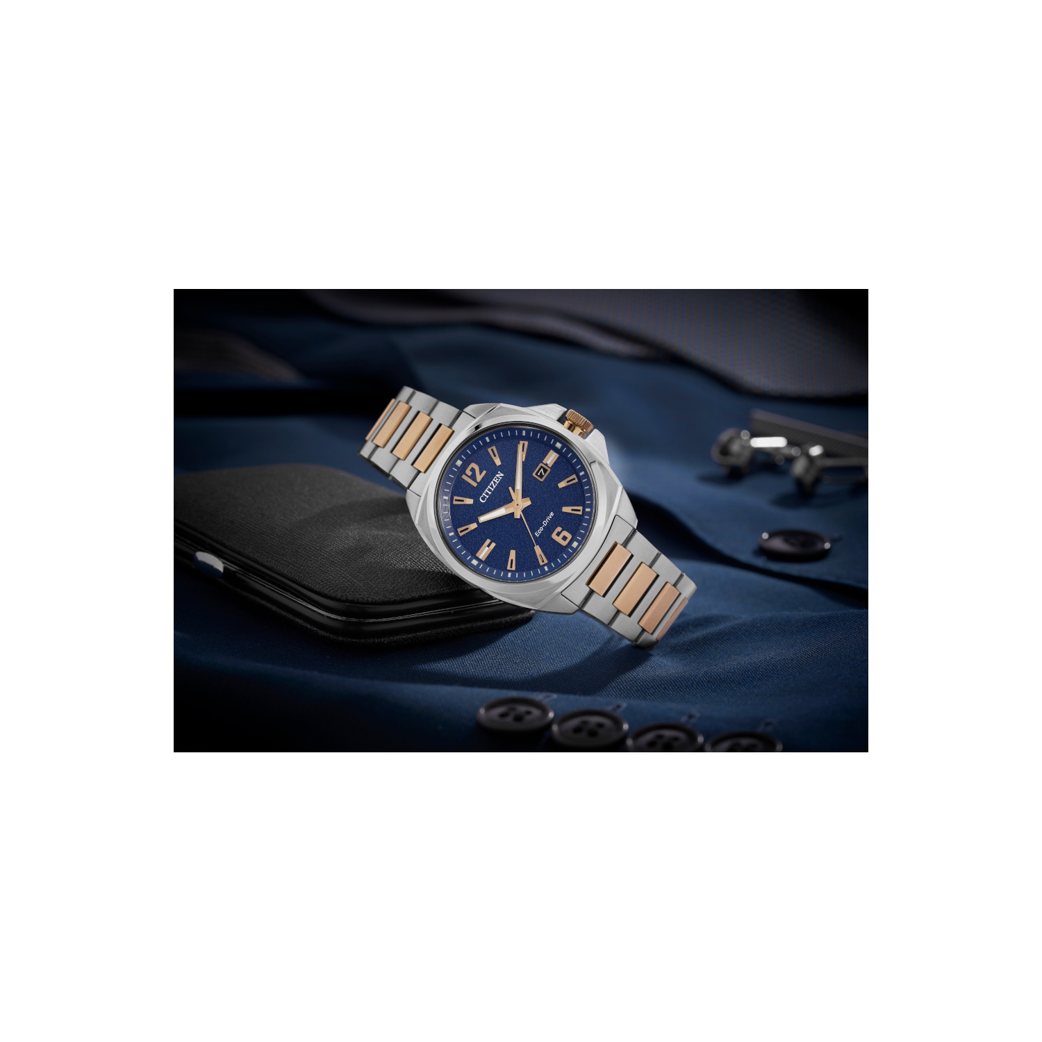 Montre pour hommes Endicott Eco-Drive 42 mm de Citizen avec boîtier et bracelet en acier inoxydable rose doré et cadran bleu